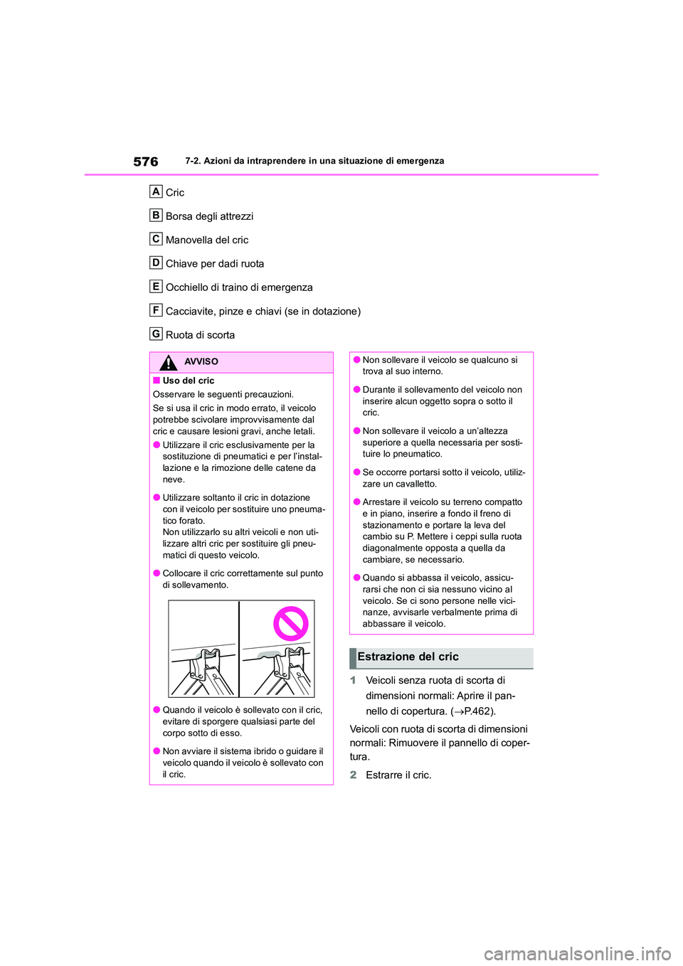 TOYOTA RAV4 2019 Manuale duso (in Italian) 5767-2. Azioni da intraprendere in una situazione di emergenza
Cric
Borsa degli attrezzi
Manovella del cric
Chiave per dadi ruota
Occhiello di traino di emergenza
Cacciavite, pinze e chiavi (se in TOYOTA RAV4 2019 Manuale duso (in Italian) 5767-2. Azioni da intraprendere in una situazione di emergenza
Cric
Borsa degli attrezzi
Manovella del cric
Chiave per dadi ruota
Occhiello di traino di emergenza
Cacciavite, pinze e chiavi (se in