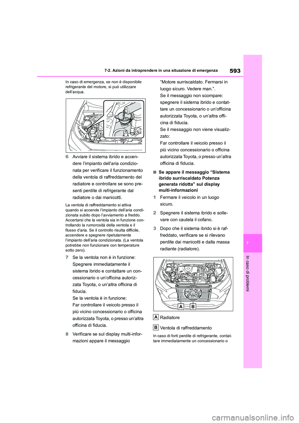TOYOTA RAV4 2019  Manuale duso (in Italian) 593
7 
7-2. Azioni da intraprendere in una situazione di emergenza
In caso di problemi
In caso di emergenza, se non è disponibile  refrigerante del motore, si può utilizzare dell’acqua.
6 Avviare 