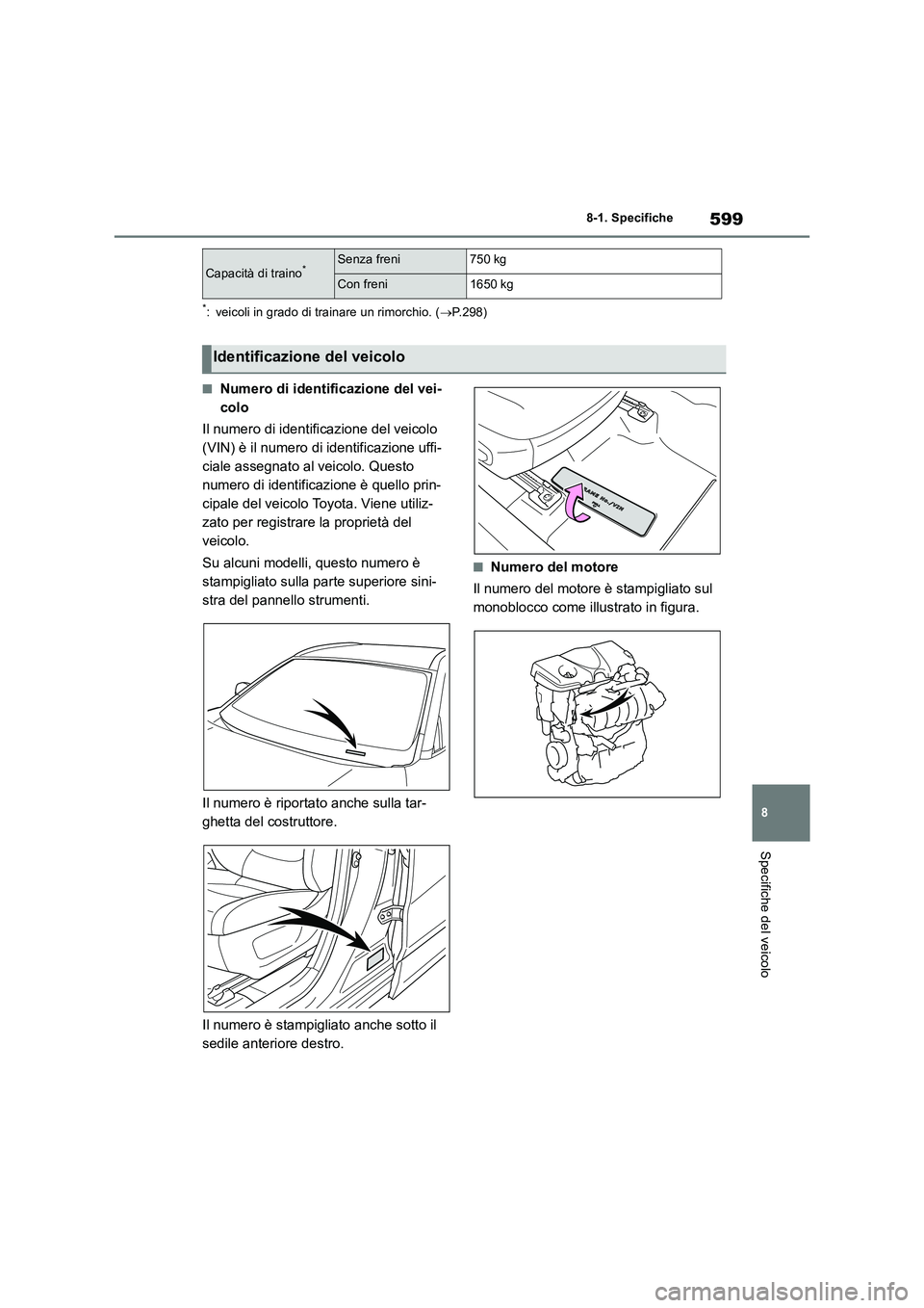 TOYOTA RAV4 2019  Manuale duso (in Italian) 599
8 
8-1. Specifiche
Specifiche del veicolo
*: veicoli in grado di trainare un rimorchio. ( P.298)
■Numero di identificazione del vei- 
colo 
Il numero di identificazione del veicolo  
(VIN) è