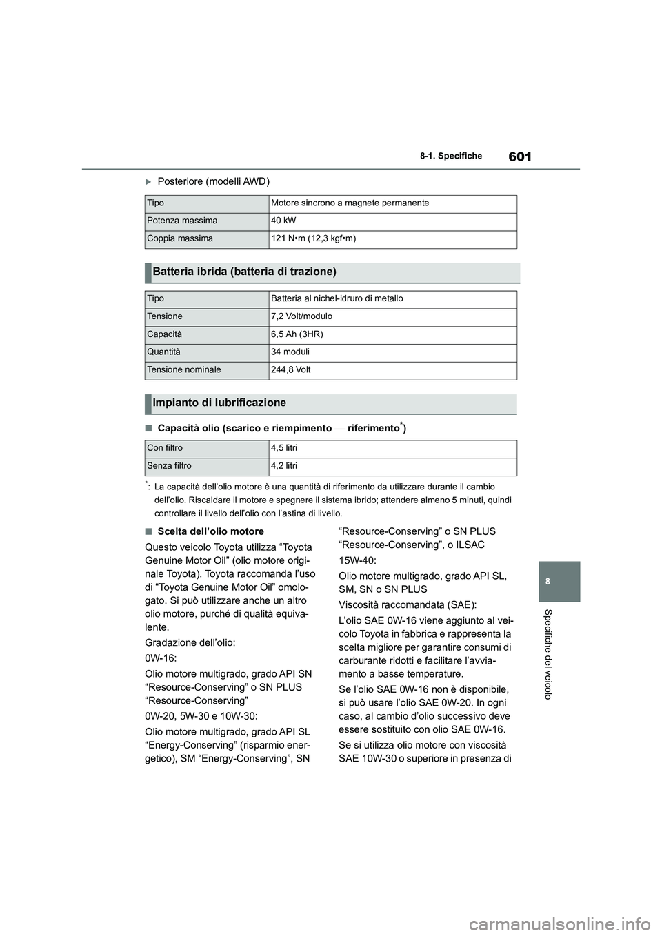 TOYOTA RAV4 2019  Manuale duso (in Italian) 601
8 8-1. Specifiche
Specifiche del veicolo
Posteriore (modelli AWD)
■Capacità olio (scarico e riempimento  riferimento*)
*: La capacità dell’olio motore è una quantità di riferimento d
