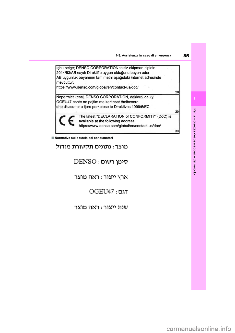 TOYOTA RAV4 2019  Manuale duso (in Italian) 85
1 
1-3. Assistenza in caso di emergenza
Per la sicurezza dei passeggeri e del veicolo
■Normativa sulla tutela dei consumatori 