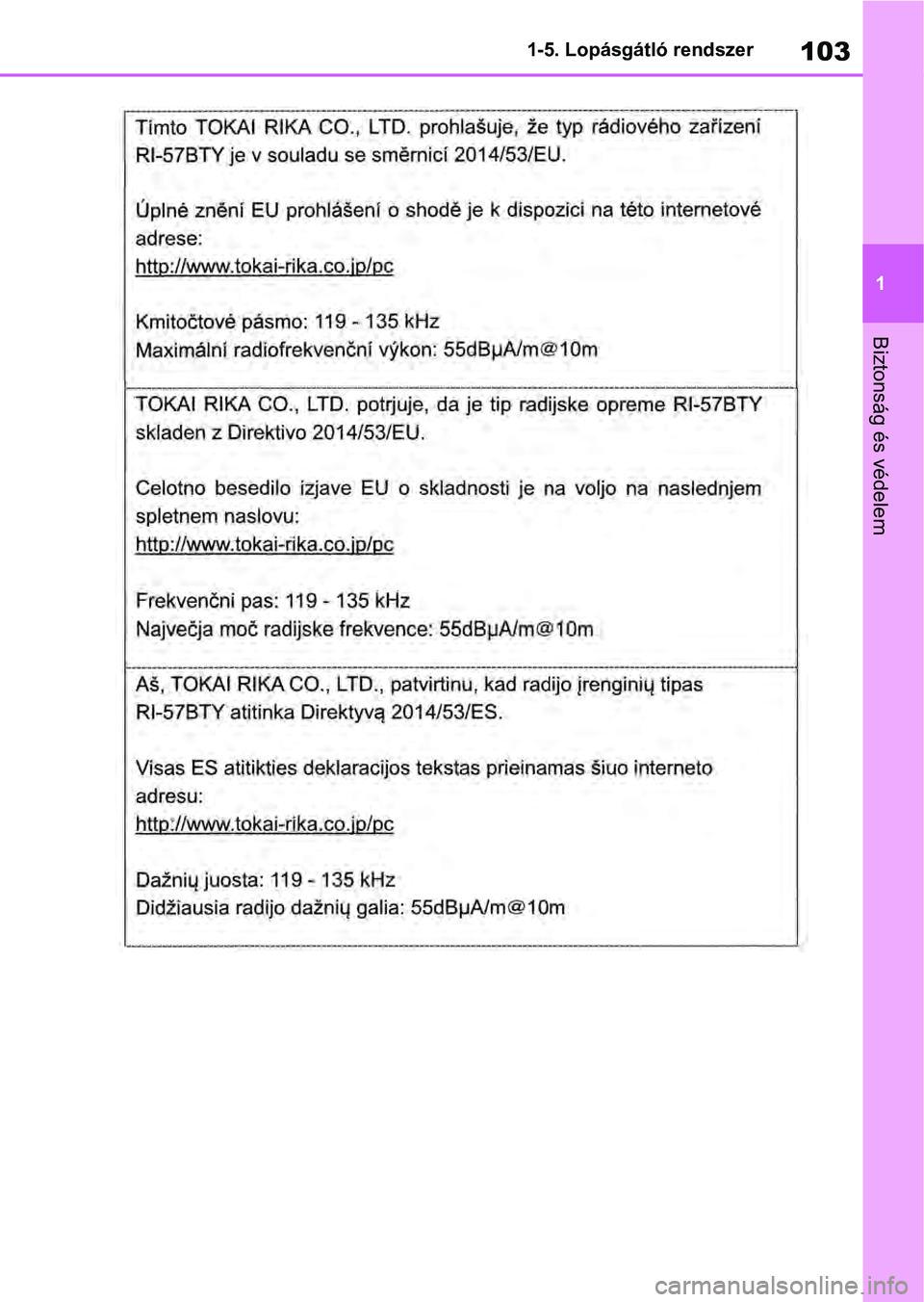 TOYOTA RAV4 2019 Kezelési útmutató (in Hungarian) 103
1
1-5. Lopásgátló rendszer
Biztonság és védelem TOYOTA RAV4 2019 Kezelési útmutató (in Hungarian) 103
1
1-5. Lopásgátló rendszer
Biztonság és védelem