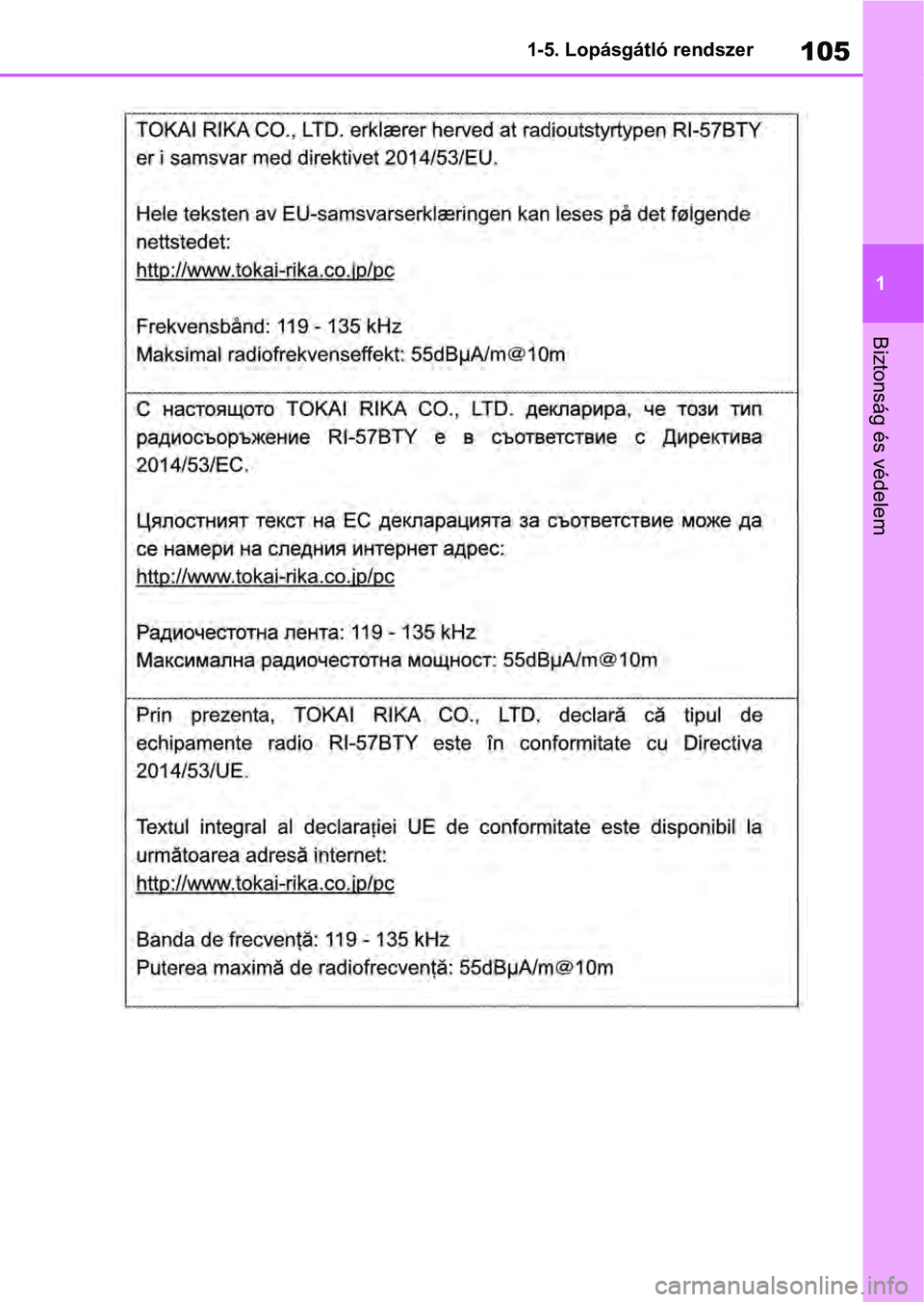 TOYOTA RAV4 2019 Kezelési útmutató (in Hungarian) 105
1
1-5. Lopásgátló rendszer
Biztonság és védelem TOYOTA RAV4 2019 Kezelési útmutató (in Hungarian) 105
1
1-5. Lopásgátló rendszer
Biztonság és védelem