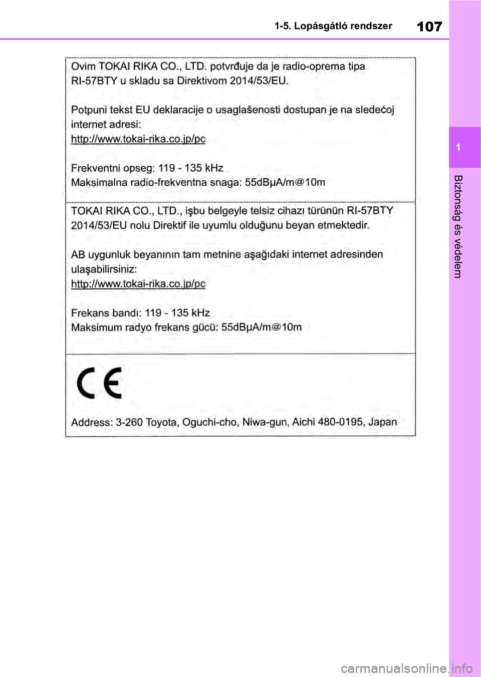 TOYOTA RAV4 2019 Kezelési útmutató (in Hungarian) 107
1
1-5. Lopásgátló rendszer
Biztonság és védelem TOYOTA RAV4 2019 Kezelési útmutató (in Hungarian) 107
1
1-5. Lopásgátló rendszer
Biztonság és védelem