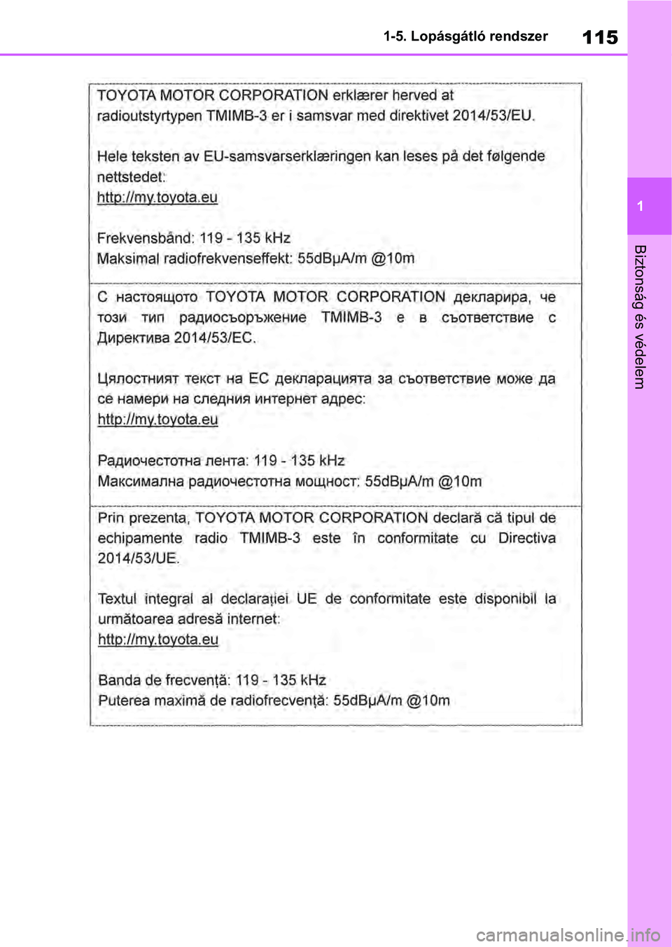 TOYOTA RAV4 2019 Kezelési útmutató (in Hungarian) 115
1
1-5. Lopásgátló rendszer
Biztonság és védelem TOYOTA RAV4 2019 Kezelési útmutató (in Hungarian) 115
1
1-5. Lopásgátló rendszer
Biztonság és védelem