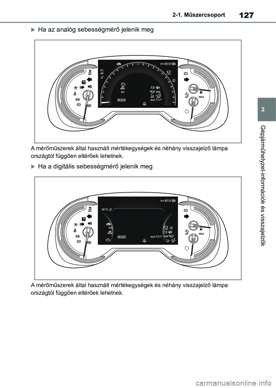 TOYOTA RAV4 2019 Kezelési útmutató (in Hungarian) 127
2
2-1. Műszercsoport
Gépjárműhelyzet-információk és visszajelzők
Ha az analóg sebességmérő jelenik meg
A mérőműszerek által
használt mértékegységek és néhány visszaje lz TOYOTA RAV4 2019 Kezelési útmutató (in Hungarian) 127
2
2-1. Műszercsoport
Gépjárműhelyzet-információk és visszajelzők
Ha az analóg sebességmérő jelenik meg
A mérőműszerek által
használt mértékegységek és néhány visszaje lz