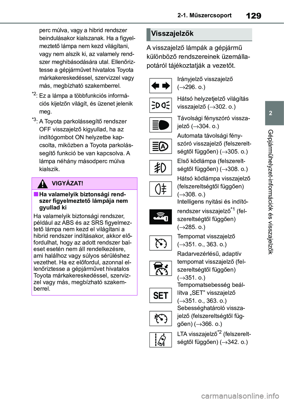 TOYOTA RAV4 2019 Kezelési útmutató (in Hungarian) 129
2
2-1. Műszercsoport
Gépjárműhelyzet-információk és visszajelzők
perc múlva, vagy a hibrid rendszer
beindulásakor kialszanak. Ha a figyel-
meztető lámpa nem kezd világítani,
vagy n TOYOTA RAV4 2019 Kezelési útmutató (in Hungarian) 129
2
2-1. Műszercsoport
Gépjárműhelyzet-információk és visszajelzők
perc múlva, vagy a hibrid rendszer
beindulásakor kialszanak. Ha a figyel-
meztető lámpa nem kezd világítani,
vagy n