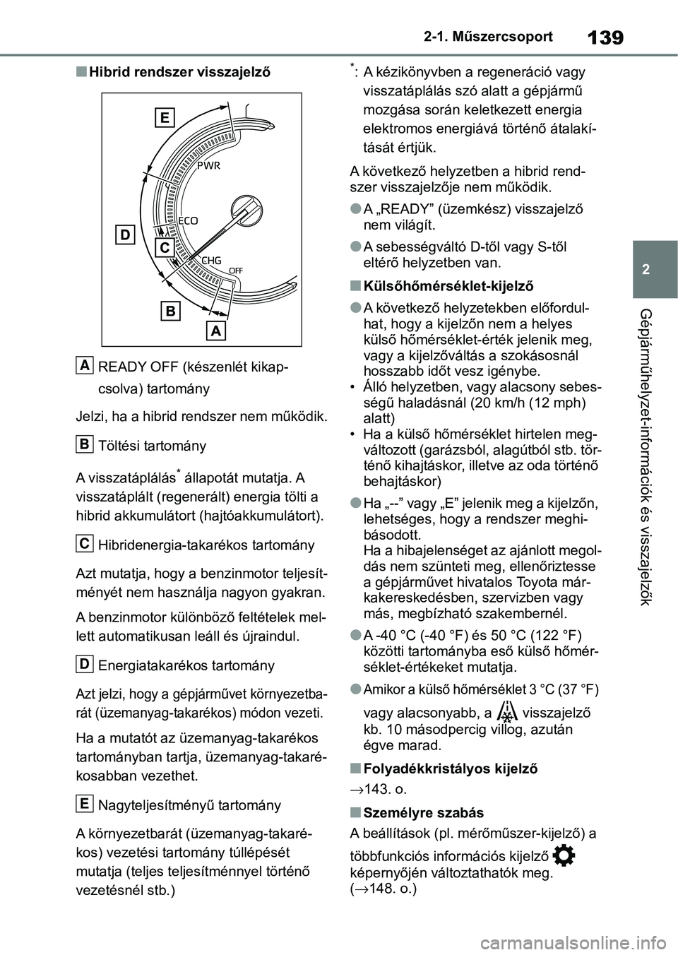 TOYOTA RAV4 2019 Kezelési útmutató (in Hungarian) 139
2
2-1. Műszercsoport
Gépjárműhelyzet-információk és visszajelzők
nHibrid rendszer visszajelző
READY OFF (készenlét kikap-
csolva) tartomány
Jelzi, ha a hibrid rendszer nem működik.
T TOYOTA RAV4 2019 Kezelési útmutató (in Hungarian) 139
2
2-1. Műszercsoport
Gépjárműhelyzet-információk és visszajelzők
nHibrid rendszer visszajelző
READY OFF (készenlét kikap-
csolva) tartomány
Jelzi, ha a hibrid rendszer nem működik.
T