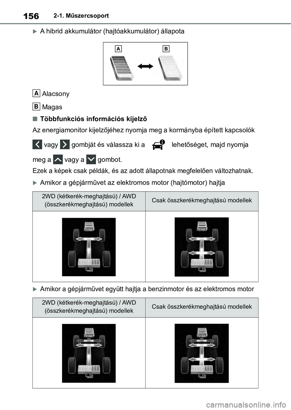 TOYOTA RAV4 2019 Kezelési útmutató (in Hungarian) 1562-1. Műszercsoport
A hibrid akkumulátor (hajtóakkumulátor) állapota
Alacsony
Magas
nTöbbfunkciós információs kijelző
Az energiamonitor kijelzőjéhez nyomja meg a kormányba épített TOYOTA RAV4 2019 Kezelési útmutató (in Hungarian) 1562-1. Műszercsoport
A hibrid akkumulátor (hajtóakkumulátor) állapota
Alacsony
Magas
nTöbbfunkciós információs kijelző
Az energiamonitor kijelzőjéhez nyomja meg a kormányba épített