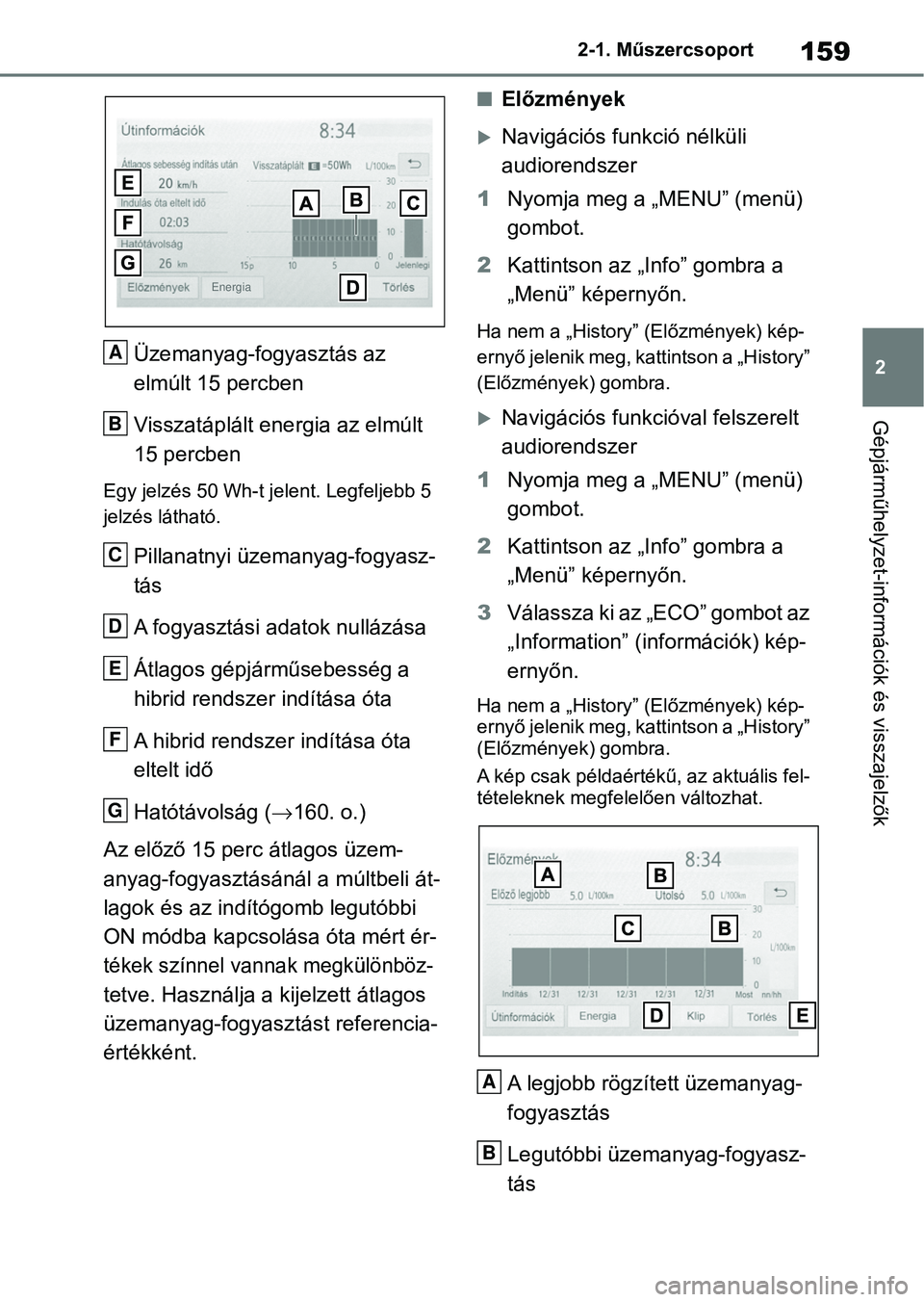 TOYOTA RAV4 2019 Kezelési útmutató (in Hungarian) 159
2
2-1. Műszercsoport
Gépjárműhelyzet-információk és visszajelzők
Üzemanyag-fogyasztás az
elmúlt 15 percben
Visszatáplált energia az elmúlt
15 percben
Egy jelzés 50 Wh-t j
elent. L TOYOTA RAV4 2019 Kezelési útmutató (in Hungarian) 159
2
2-1. Műszercsoport
Gépjárműhelyzet-információk és visszajelzők
Üzemanyag-fogyasztás az
elmúlt 15 percben
Visszatáplált energia az elmúlt
15 percben
Egy jelzés 50 Wh-t j
elent. L