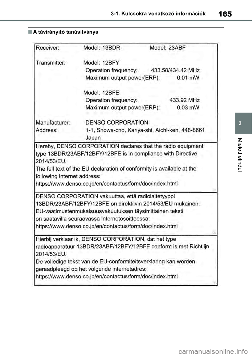 TOYOTA RAV4 2019  Kezelési útmutató (in Hungarian) 165
3
3-1. Kulcsokra vonatkozó információk
Mielőtt elindul
nA távirányító tanúsítványa 