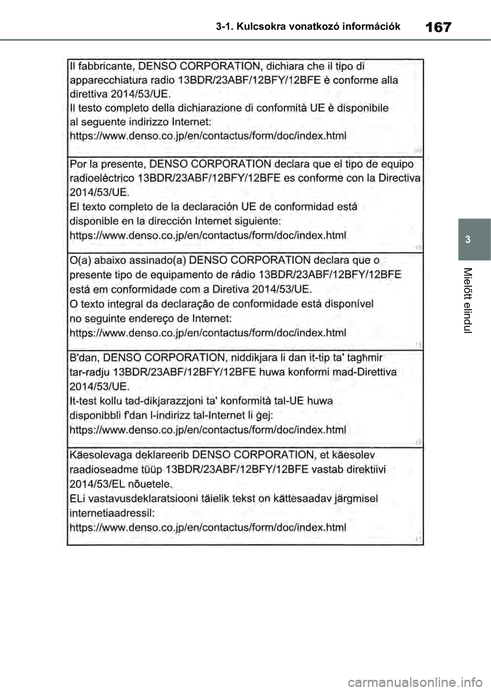 TOYOTA RAV4 2019  Kezelési útmutató (in Hungarian) 167
3
3-1. Kulcsokra vonatkozó információk
Mielőtt elindul 