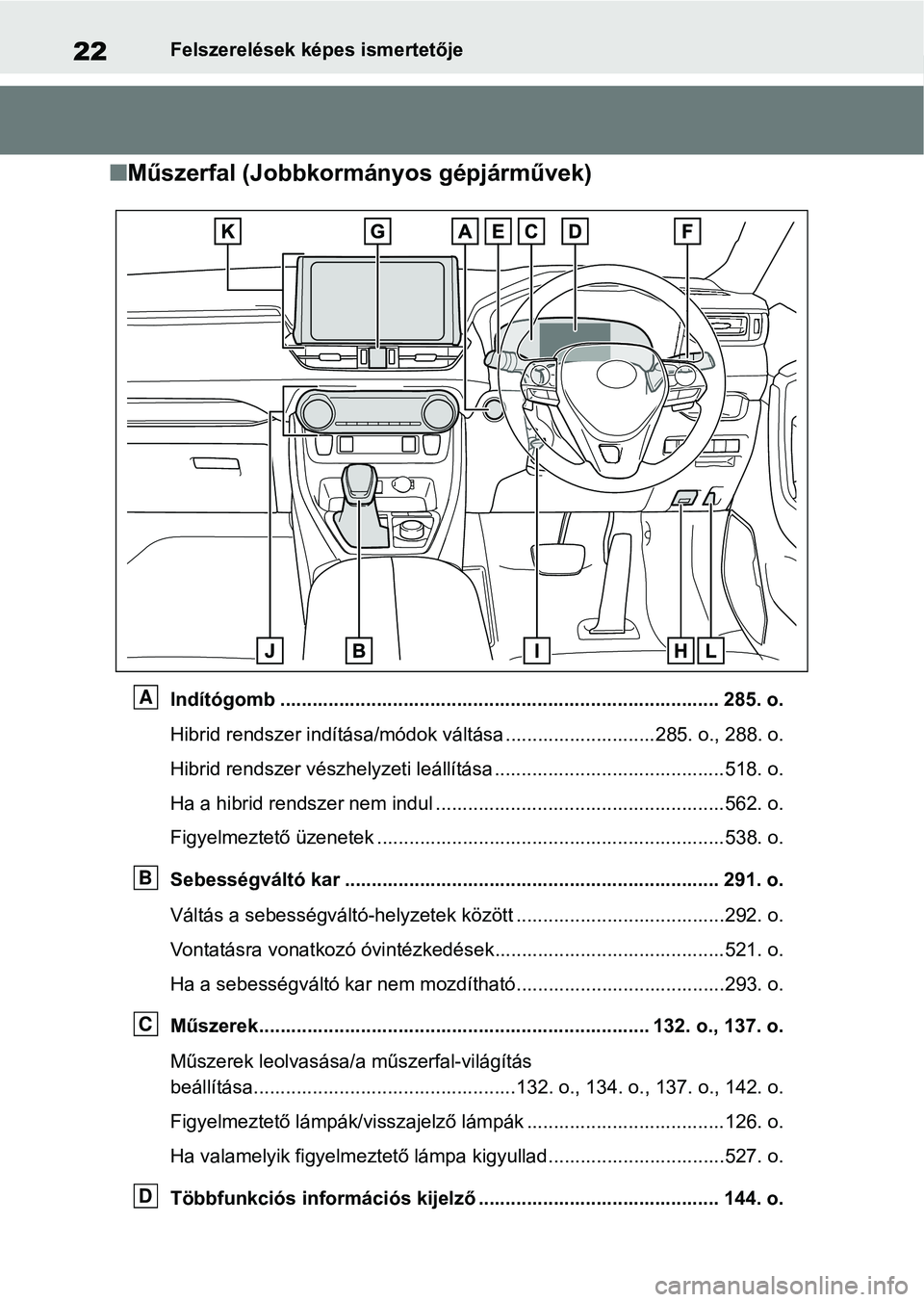 TOYOTA RAV4 2019  Kezelési útmutató (in Hungarian) 22Felszerelések képes ismertetője
nMűszerfal (Jobbkormányos gépjárművek)
Indítógomb ..................................................... ............................. 285. o.
Hibrid rendsze