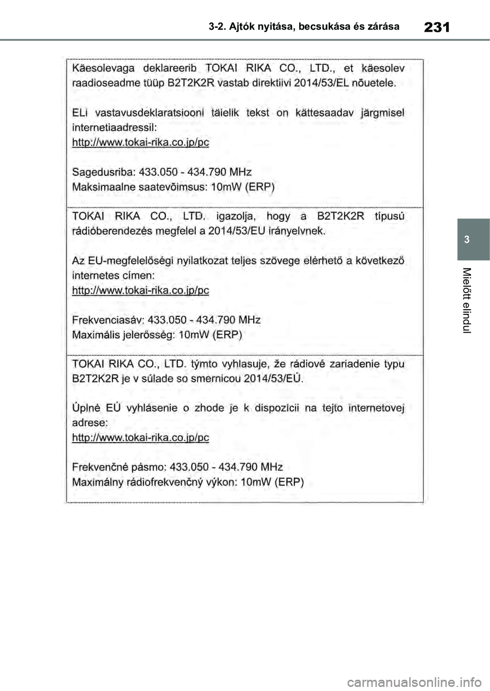 TOYOTA RAV4 2019  Kezelési útmutató (in Hungarian) 231
3
3-2. Ajtók nyitása, becsukása és zárása
Mielőtt elindul 