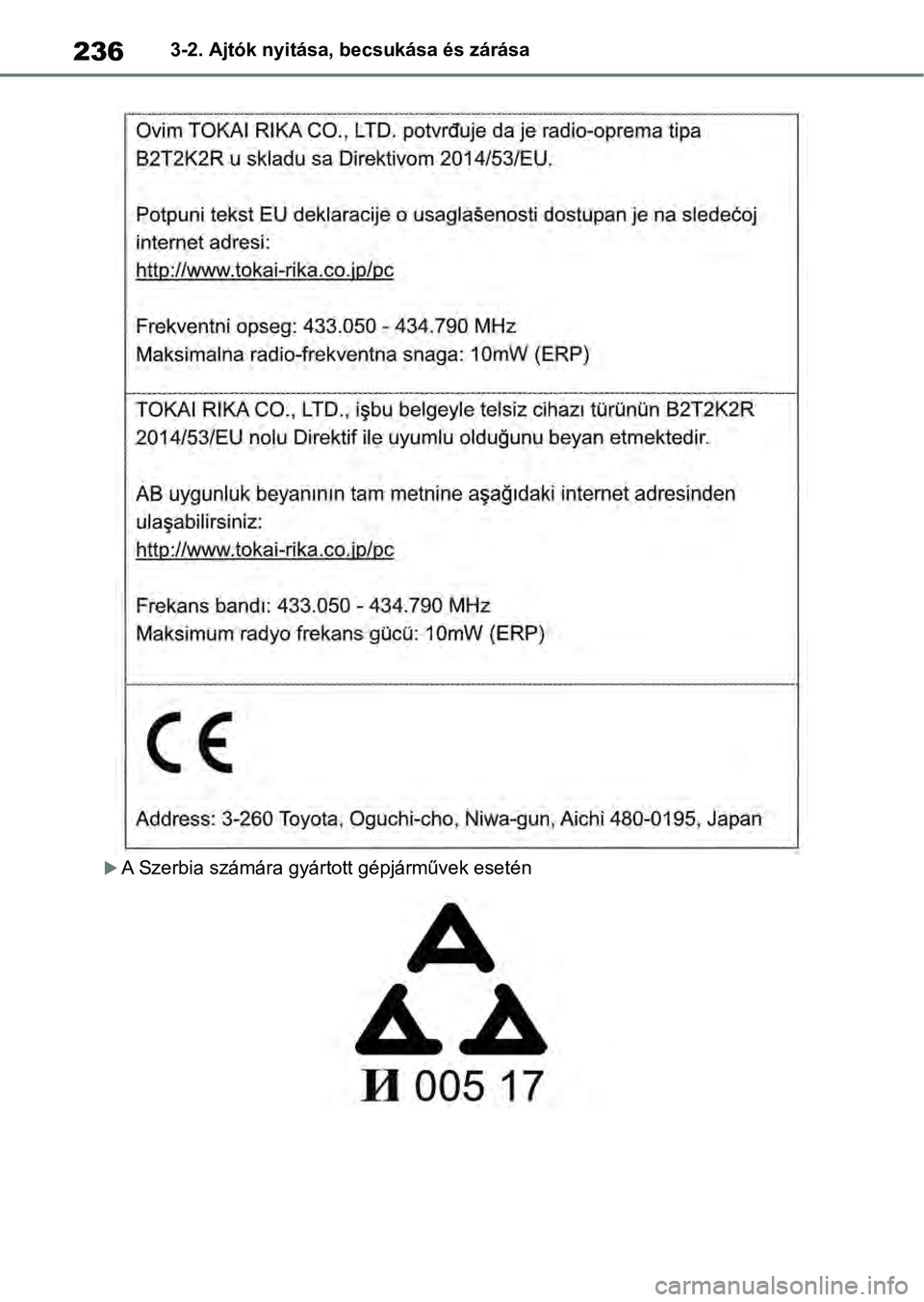 TOYOTA RAV4 2019  Kezelési útmutató (in Hungarian) 2363-2. Ajtók nyitása, becsukása és zárása
A Szerbia számára gyártott gépjárművek esetén 