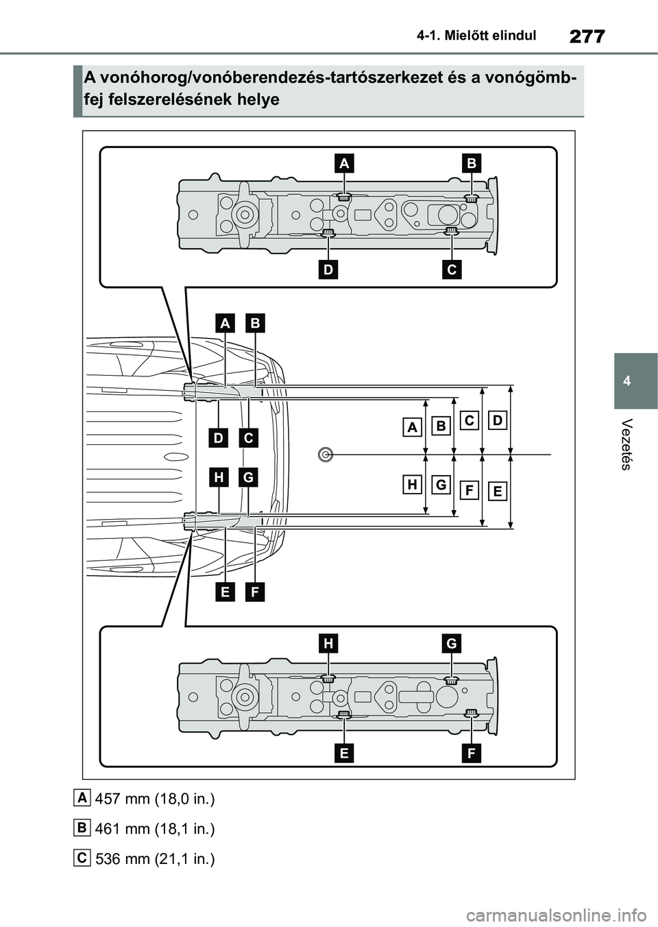 TOYOTA RAV4 2019 Kezelési útmutató (in Hungarian) 277
4
4-1. Mielőtt elindul
Vezetés
457 mm (18,0 in.)
461 mm (18,1 in.)
536 mm (21,1 in.)
A vonóhorog/vonóberendezés-tartószerkezet és a vonógömb-
fej felszerelésének helye
A
B
C TOYOTA RAV4 2019 Kezelési útmutató (in Hungarian) 277
4
4-1. Mielőtt elindul
Vezetés
457 mm (18,0 in.)
461 mm (18,1 in.)
536 mm (21,1 in.)
A vonóhorog/vonóberendezés-tartószerkezet és a vonógömb-
fej felszerelésének helye
A
B
C