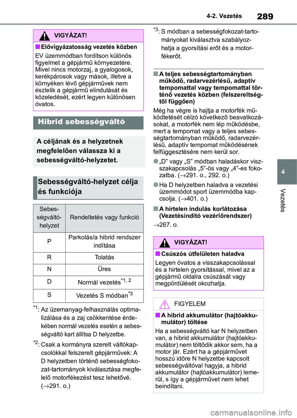 TOYOTA RAV4 2019 Kezelési útmutató (in Hungarian) 289
4
4-2. Vezetés
Vezetés
*1: Az üzemanyag-felhasználás optima-
lizálása és a za j csökkentése érde-
kében normál vezetés esetén a sebes-
ségváltó kart állítsa D helyzetbe.
*2: Cs TOYOTA RAV4 2019 Kezelési útmutató (in Hungarian) 289
4
4-2. Vezetés
Vezetés
*1: Az üzemanyag-felhasználás optima-
lizálása és a za j csökkentése érde-
kében normál vezetés esetén a sebes-
ségváltó kart állítsa D helyzetbe.
*2: Cs