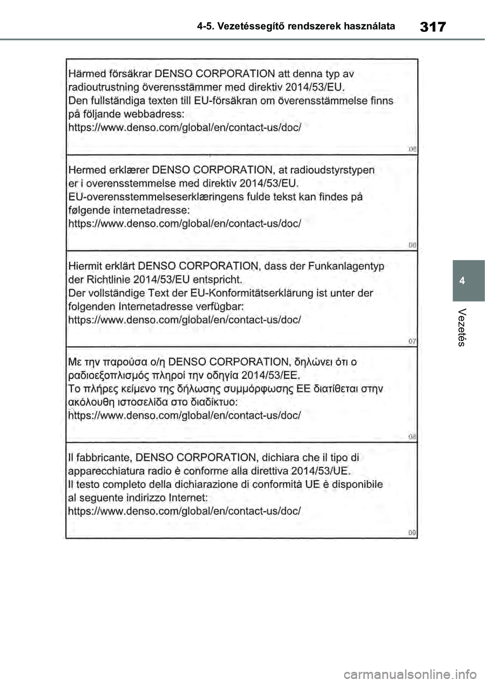 TOYOTA RAV4 2019 Kezelési útmutató (in Hungarian) 317
4
4-5. Vezetéssegítő re
ndszerek használata
Vezetés TOYOTA RAV4 2019 Kezelési útmutató (in Hungarian) 317
4
4-5. Vezetéssegítő re
ndszerek használata
Vezetés
