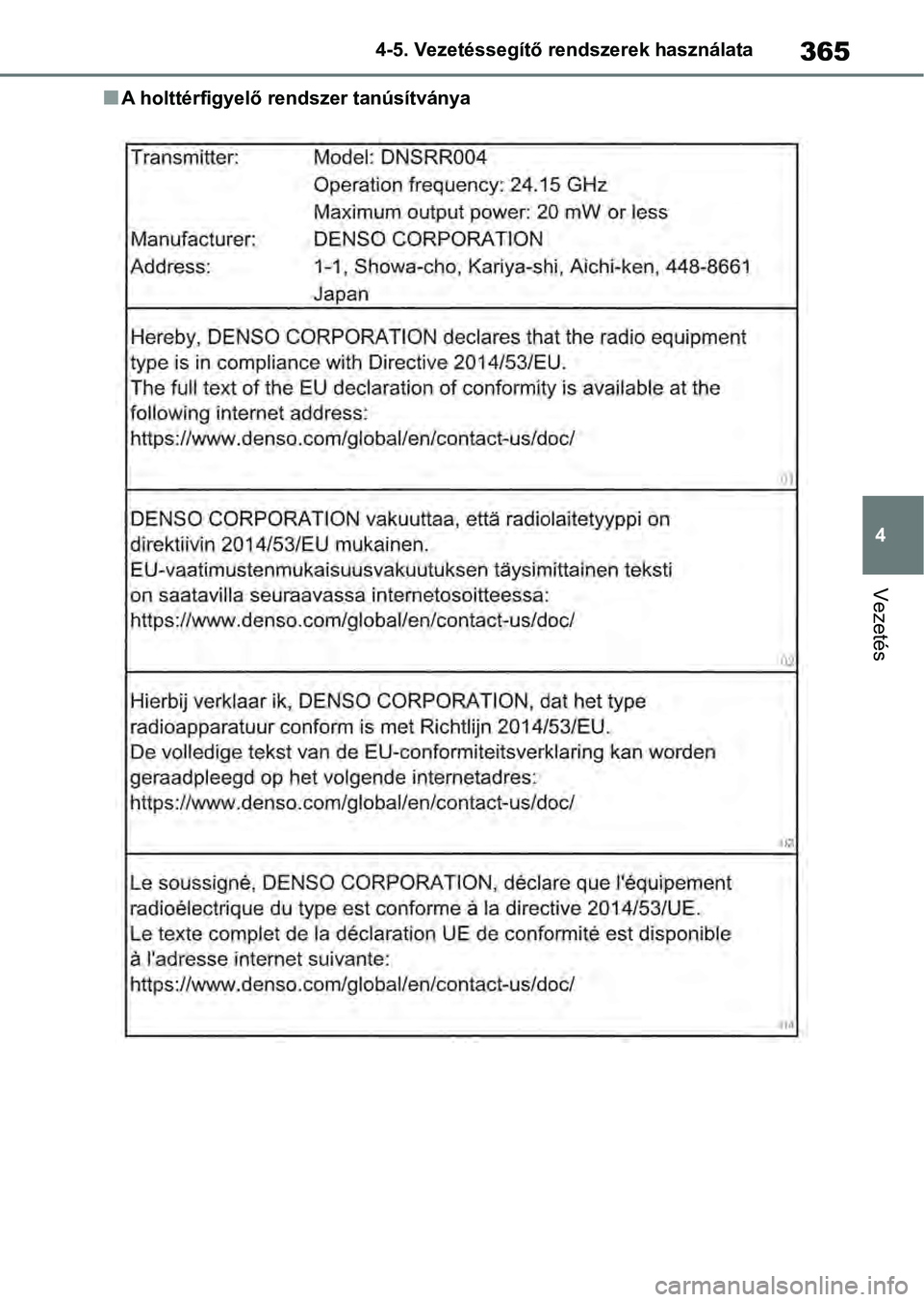 TOYOTA RAV4 2019 Kezelési útmutató (in Hungarian) 365
4
4-5. Vezetéssegítő re
ndszerek használata
Vezetés
nA holttérfigyelő rendszer tanúsítványa TOYOTA RAV4 2019 Kezelési útmutató (in Hungarian) 365
4
4-5. Vezetéssegítő re
ndszerek használata
Vezetés
nA holttérfigyelő rendszer tanúsítványa