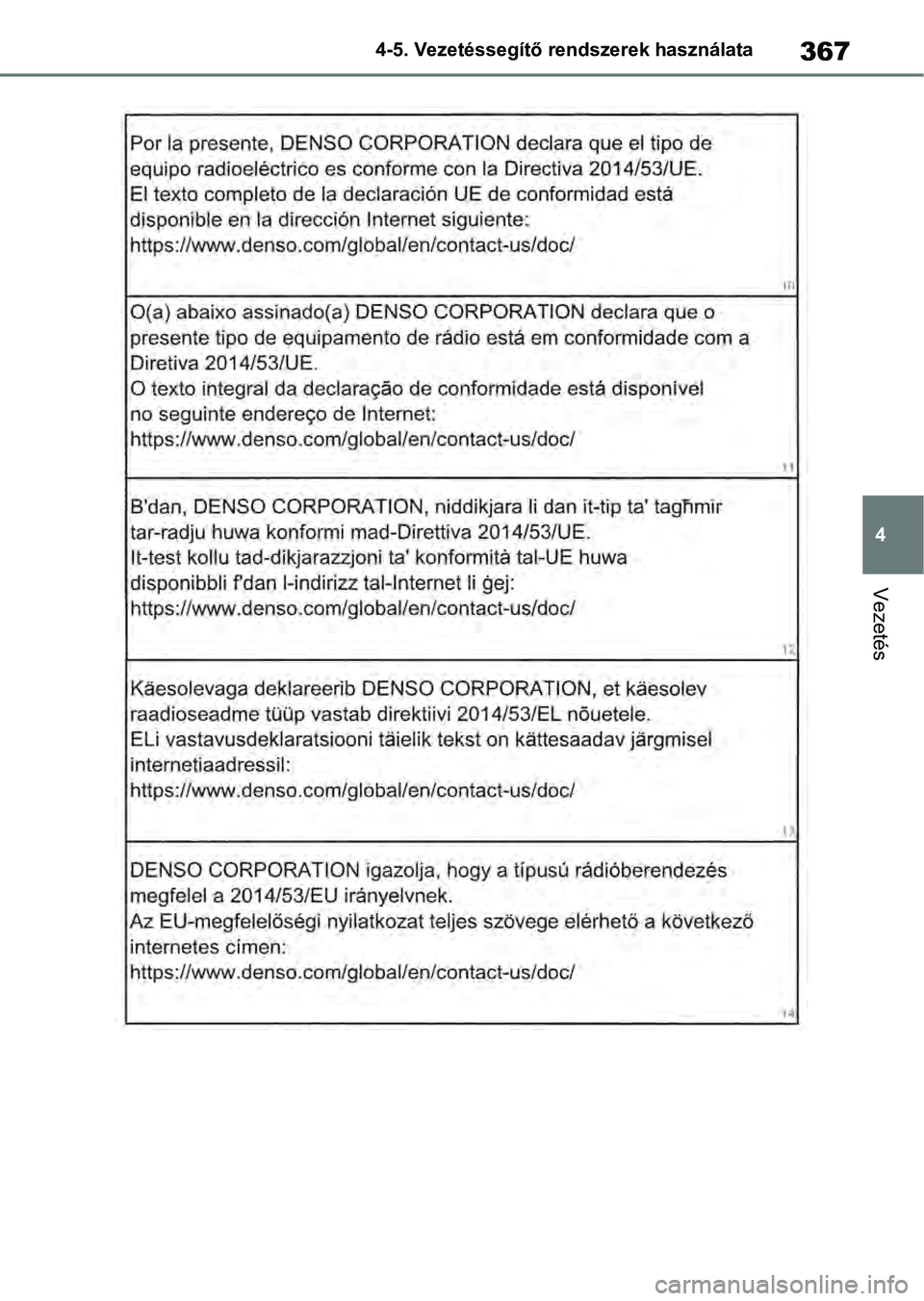 TOYOTA RAV4 2019 Kezelési útmutató (in Hungarian) 367
4
4-5. Vezetéssegítő re
ndszerek használata
Vezetés TOYOTA RAV4 2019 Kezelési útmutató (in Hungarian) 367
4
4-5. Vezetéssegítő re
ndszerek használata
Vezetés