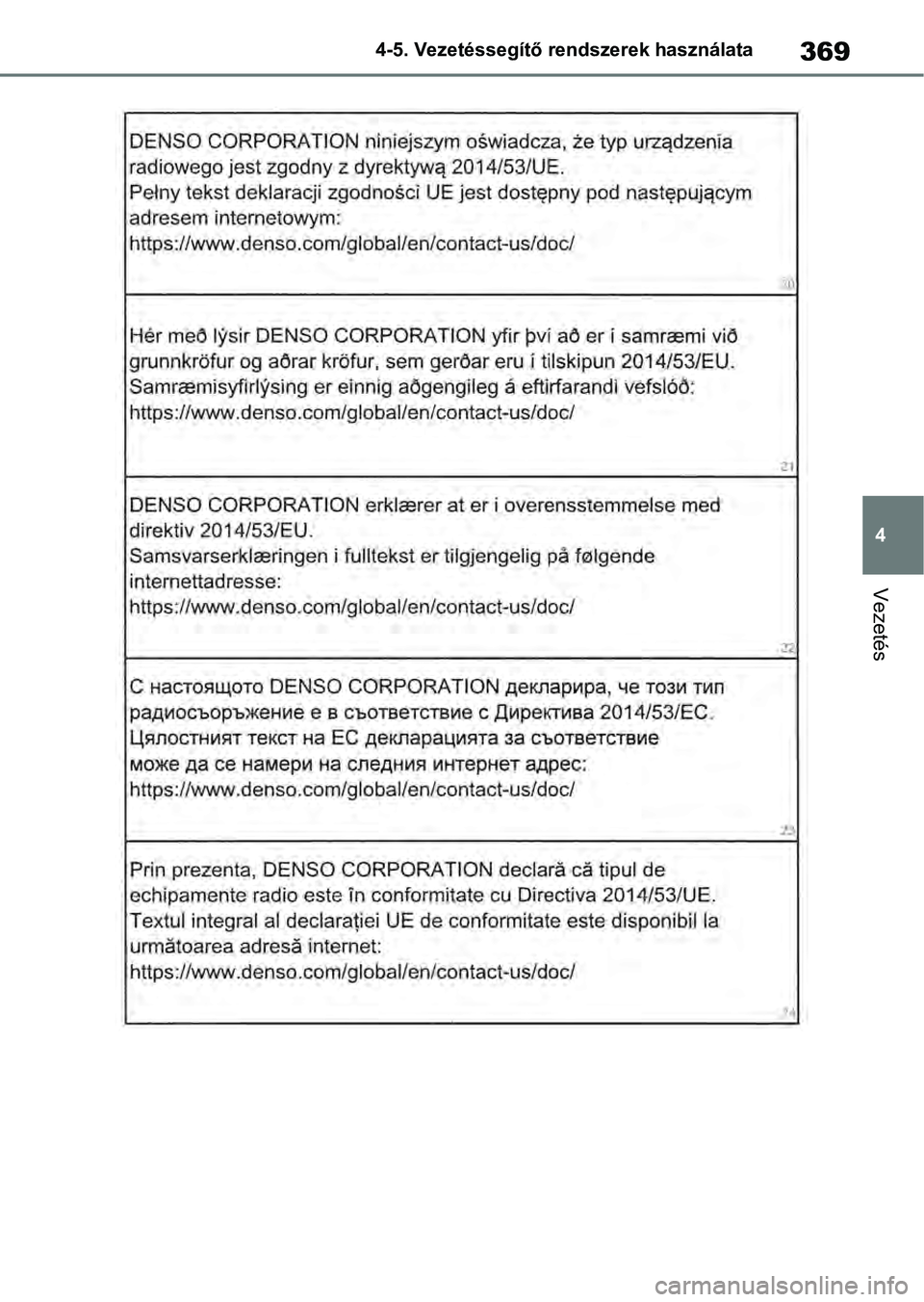 TOYOTA RAV4 2019 Kezelési útmutató (in Hungarian) 369
4
4-5. Vezetéssegítő re
ndszerek használata
Vezetés TOYOTA RAV4 2019 Kezelési útmutató (in Hungarian) 369
4
4-5. Vezetéssegítő re
ndszerek használata
Vezetés