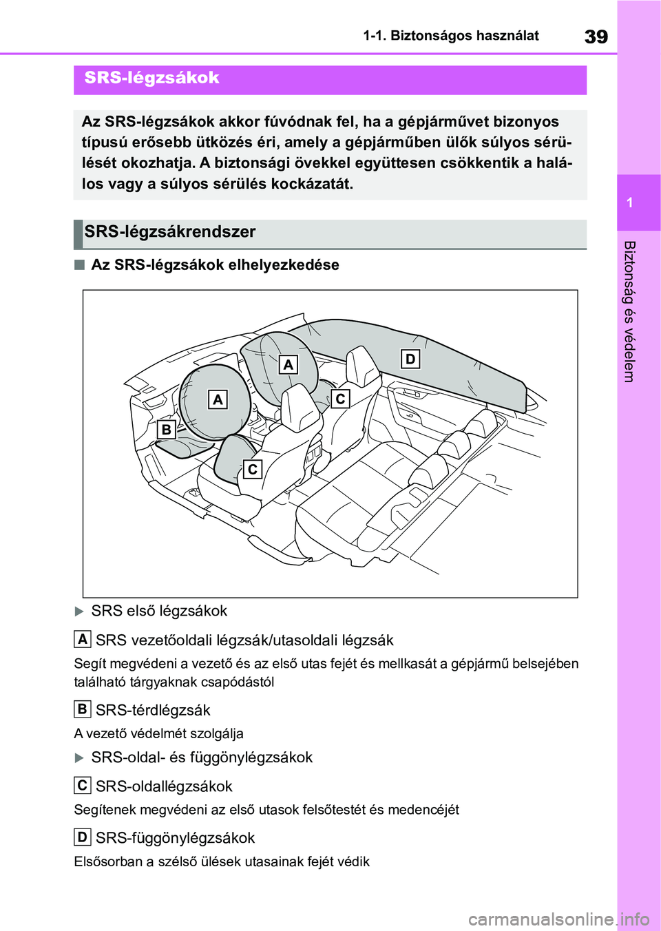 TOYOTA RAV4 2019  Kezelési útmutató (in Hungarian) 39
1
1-1. Biztonságos használat
Biztonság és védelem
nAz SRS-légzsákok elhelyezkedése
SRS első légzsákok
SRS vezetőoldali légzsá k/utasoldali légzsák
Segít megvédeni a vezető és