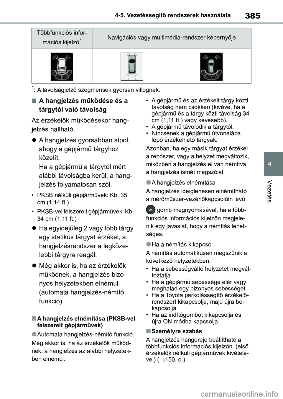 TOYOTA RAV4 2019 Kezelési útmutató (in Hungarian) 385
4
4-5. Vezetéssegítő re
ndszerek használata
Vezetés
*: A távolságjelző szegm ensek gyorsan villognak.
nA hangjelzés működése és a
tárgytól való távolság
Az érzékelők működ TOYOTA RAV4 2019 Kezelési útmutató (in Hungarian) 385
4
4-5. Vezetéssegítő re
ndszerek használata
Vezetés
*: A távolságjelző szegm ensek gyorsan villognak.
nA hangjelzés működése és a
tárgytól való távolság
Az érzékelők működ