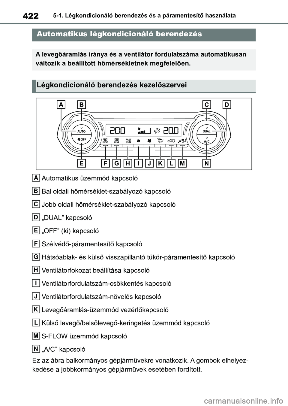 TOYOTA RAV4 2019 Kezelési útmutató (in Hungarian) 4225-1. Légkondicionáló berendezés és a páramentesítő használata
5-1.Légkondicionáló berendezés és a páramentesítő használata
Automatikus üzemmód kapcsoló
Bal oldali hőmérsékle TOYOTA RAV4 2019 Kezelési útmutató (in Hungarian) 4225-1. Légkondicionáló berendezés és a páramentesítő használata
5-1.Légkondicionáló berendezés és a páramentesítő használata
Automatikus üzemmód kapcsoló
Bal oldali hőmérsékle