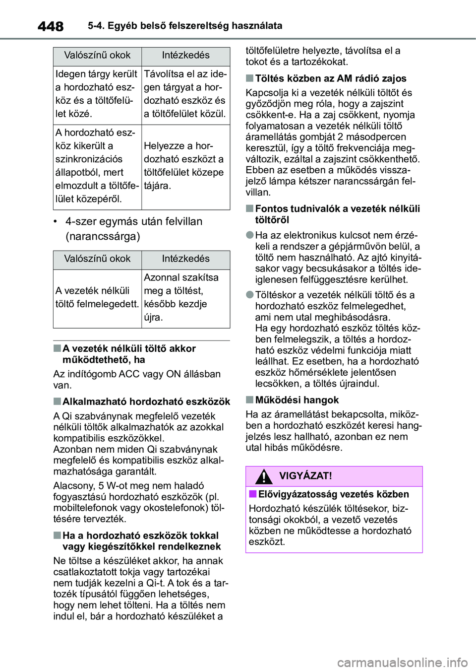 TOYOTA RAV4 2019 Kezelési útmutató (in Hungarian) 4485-4. Egyéb belső felszereltség használata
• 4-szer egymás után felvillan (narancssárga)
nA vezeték nélküli töltő akkor
működtethető, ha
Az indítógomb ACC vagy ON állásban
van TOYOTA RAV4 2019 Kezelési útmutató (in Hungarian) 4485-4. Egyéb belső felszereltség használata
• 4-szer egymás után felvillan (narancssárga)
nA vezeték nélküli töltő akkor
működtethető, ha
Az indítógomb ACC vagy ON állásban
van