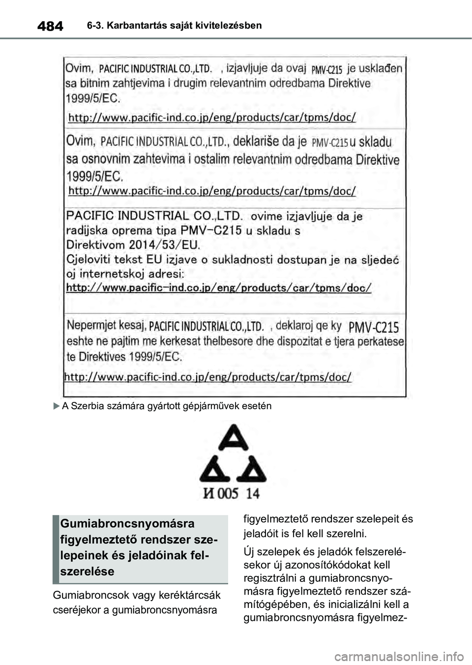 TOYOTA RAV4 2019 Kezelési útmutató (in Hungarian) 4846-3. Karbantartás saját kivitelezésben
A Szerbia számára gyártott gépjárművek esetén
Gumiabroncsok vagy keréktárcsák
cseréjekor a gumiabroncsnyomásra figyelmeztető rendszer szel TOYOTA RAV4 2019 Kezelési útmutató (in Hungarian) 4846-3. Karbantartás saját kivitelezésben
A Szerbia számára gyártott gépjárművek esetén
Gumiabroncsok vagy keréktárcsák
cseréjekor a gumiabroncsnyomásra figyelmeztető rendszer szel