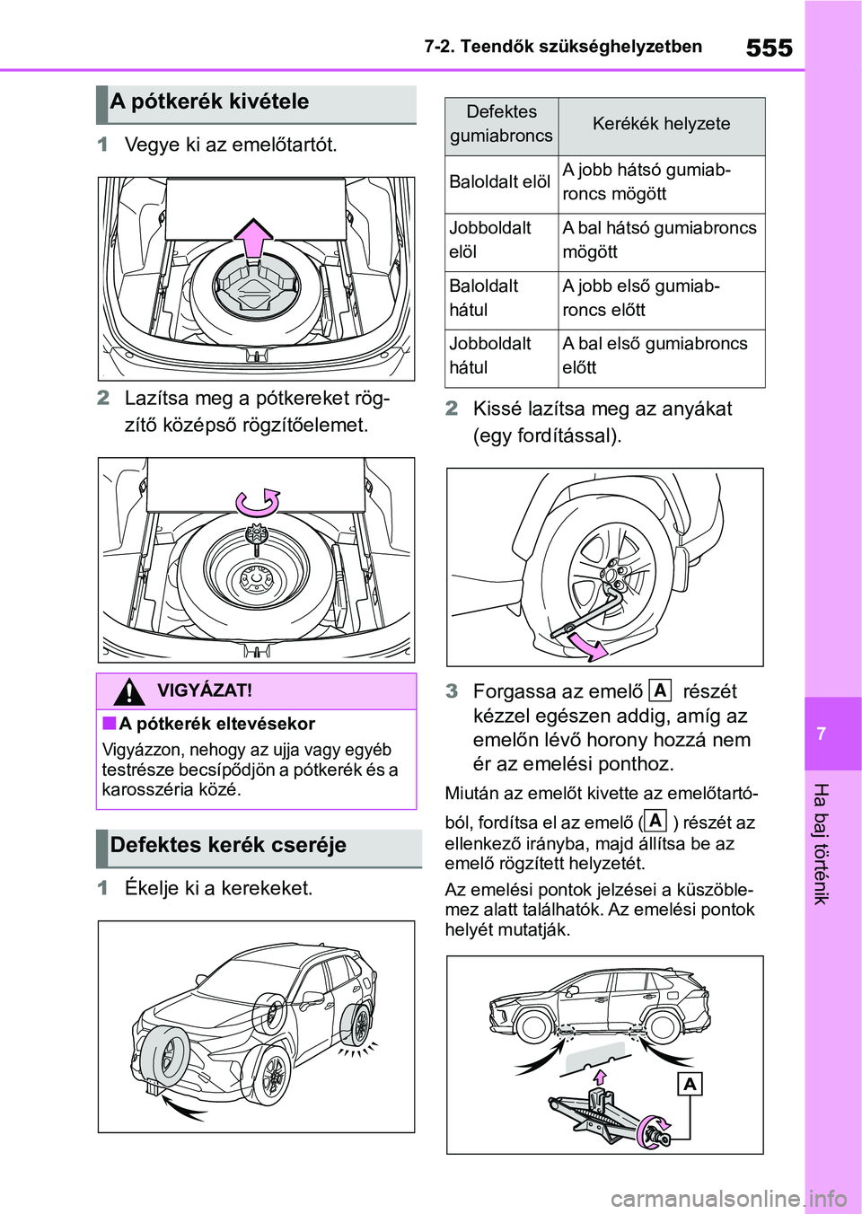 TOYOTA RAV4 2019 Kezelési útmutató (in Hungarian) 555
7
7-2. Teendők szükséghelyzetben
Ha baj történik
1
Vegye ki az emelőtartót.
2 Lazítsa meg a pótkereket rög-
zítő középső rögzítőelemet.
1 Ékelje ki a kerekeket. 2
Kissé lazíts TOYOTA RAV4 2019 Kezelési útmutató (in Hungarian) 555
7
7-2. Teendők szükséghelyzetben
Ha baj történik
1
Vegye ki az emelőtartót.
2 Lazítsa meg a pótkereket rög-
zítő középső rögzítőelemet.
1 Ékelje ki a kerekeket. 2
Kissé lazíts