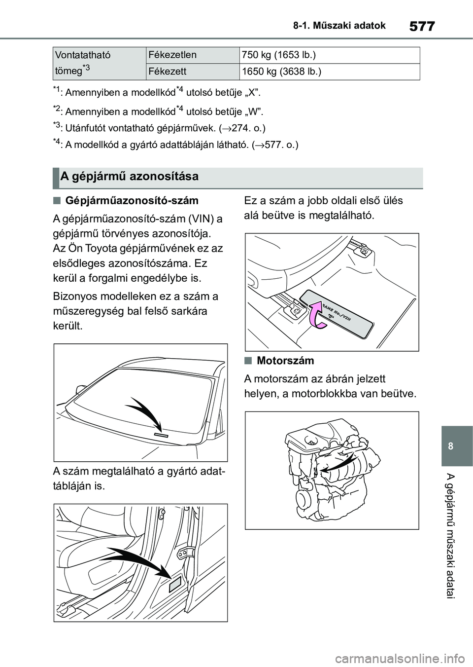 TOYOTA RAV4 2019 Kezelési útmutató (in Hungarian) 577
8
8-1. Műszaki adatok
A gépjármű műszaki adatai
*1: Amennyiben a modellkód*4 utolsó betűje „X”.
*2: Amennyiben a modellkód*4 utolsó betűje „W”.
*3: Utánfutót vontatható gépj TOYOTA RAV4 2019 Kezelési útmutató (in Hungarian) 577
8
8-1. Műszaki adatok
A gépjármű műszaki adatai
*1: Amennyiben a modellkód*4 utolsó betűje „X”.
*2: Amennyiben a modellkód*4 utolsó betűje „W”.
*3: Utánfutót vontatható gépj