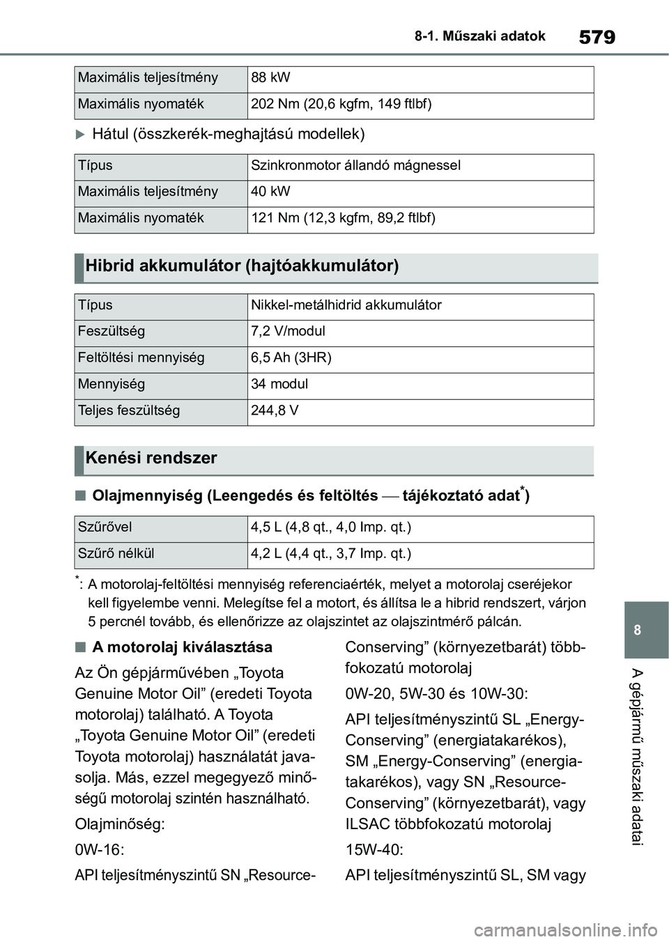 TOYOTA RAV4 2019 Kezelési útmutató (in Hungarian) 579
8
8-1. Műszaki adatok
A gépjármű műszaki adatai
Hátul (összkerék-meghajtású modellek)
nOlajmennyiség (Leengedés és feltöltés
tájékoztató adat*)
*: A motorolaj-feltöltés TOYOTA RAV4 2019 Kezelési útmutató (in Hungarian) 579
8
8-1. Műszaki adatok
A gépjármű műszaki adatai
Hátul (összkerék-meghajtású modellek)
nOlajmennyiség (Leengedés és feltöltés
tájékoztató adat*)
*: A motorolaj-feltöltés