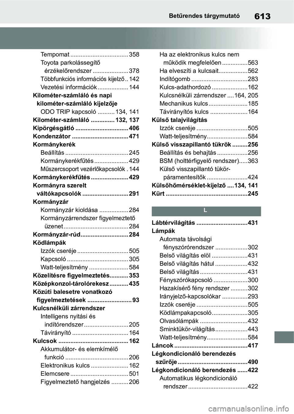 TOYOTA RAV4 2019  Kezelési útmutató (in Hungarian) 613Betűrendes tárgymutató
Tempomat .................................. 358
Toyota parkolássegítő érzékelőrendszer ..................... 378
Többfunkciós információs kijelző.. 142
Vezetés