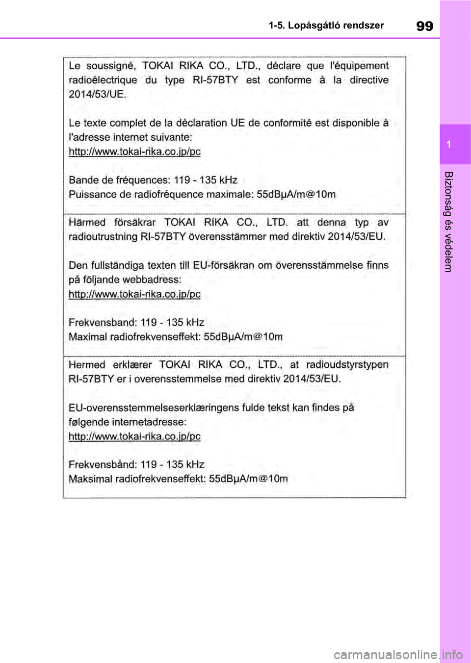 TOYOTA RAV4 2019 Kezelési útmutató (in Hungarian) 99
1
1-5. Lopásgátló rendszer
Biztonság és védelem TOYOTA RAV4 2019 Kezelési útmutató (in Hungarian) 99
1
1-5. Lopásgátló rendszer
Biztonság és védelem
