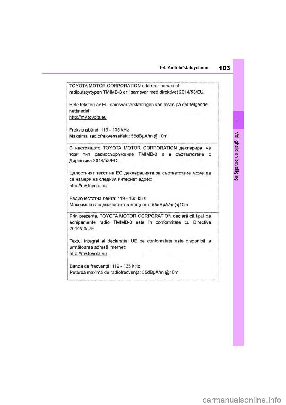 TOYOTA RAV4 2019  Instructieboekje (in Dutch) 103
1
1-4. Antidiefstalsysteem
Veiligheid en beveiliging
pM_RAV4_OM_OM42D03E_(EE).book  P
age 103  Wednesday, March 20, 2019  2:08 PM 