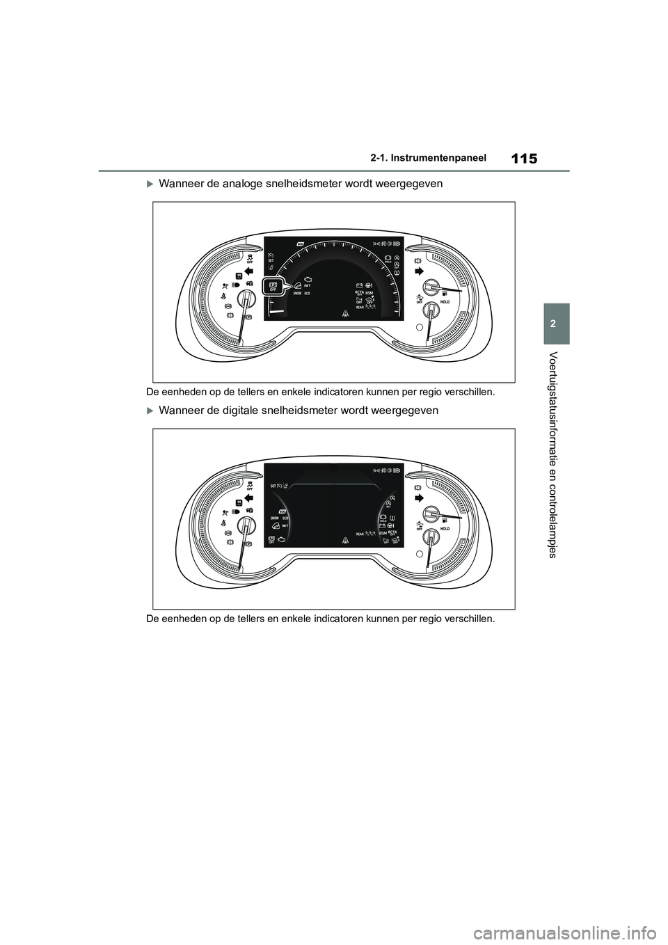 TOYOTA RAV4 2019 Instructieboekje (in Dutch) 115
2
2-1. Instrumentenpaneel
Voertuigstatusinformatie en controlelampjes
Wanneer de analoge snelheidsmeter wordt weergegeven
De eenheden op de tellers en enke
le indicatoren kunnen per regio versc TOYOTA RAV4 2019 Instructieboekje (in Dutch) 115
2
2-1. Instrumentenpaneel
Voertuigstatusinformatie en controlelampjes
Wanneer de analoge snelheidsmeter wordt weergegeven
De eenheden op de tellers en enke
le indicatoren kunnen per regio versc