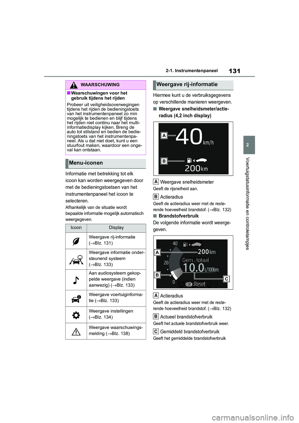 TOYOTA RAV4 2019 Instructieboekje (in Dutch) 131
2
2-1. Instrumentenpaneel
Voertuigstatusinformatie en controlelampjes
Informatie met betrekking tot elk
icoon kan worden weergegeven door
met de bedieningstoetsen van het
instrumentenpaneel het TOYOTA RAV4 2019 Instructieboekje (in Dutch) 131
2
2-1. Instrumentenpaneel
Voertuigstatusinformatie en controlelampjes
Informatie met betrekking tot elk
icoon kan worden weergegeven door
met de bedieningstoetsen van het
instrumentenpaneel het