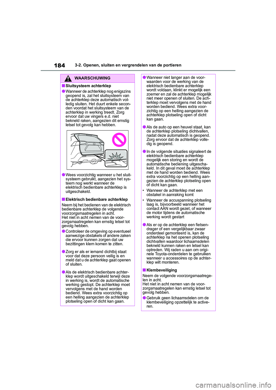 TOYOTA RAV4 2019  Instructieboekje (in Dutch) 1843-2. Openen, sluiten en vergrendelen van de portieren
WAARSCHUWING
■Sluitsysteem achterklep
●Wanneer de achterklep nog enigszins 
geopend is, zal het sluitsysteem van 
de achterklep deze automa