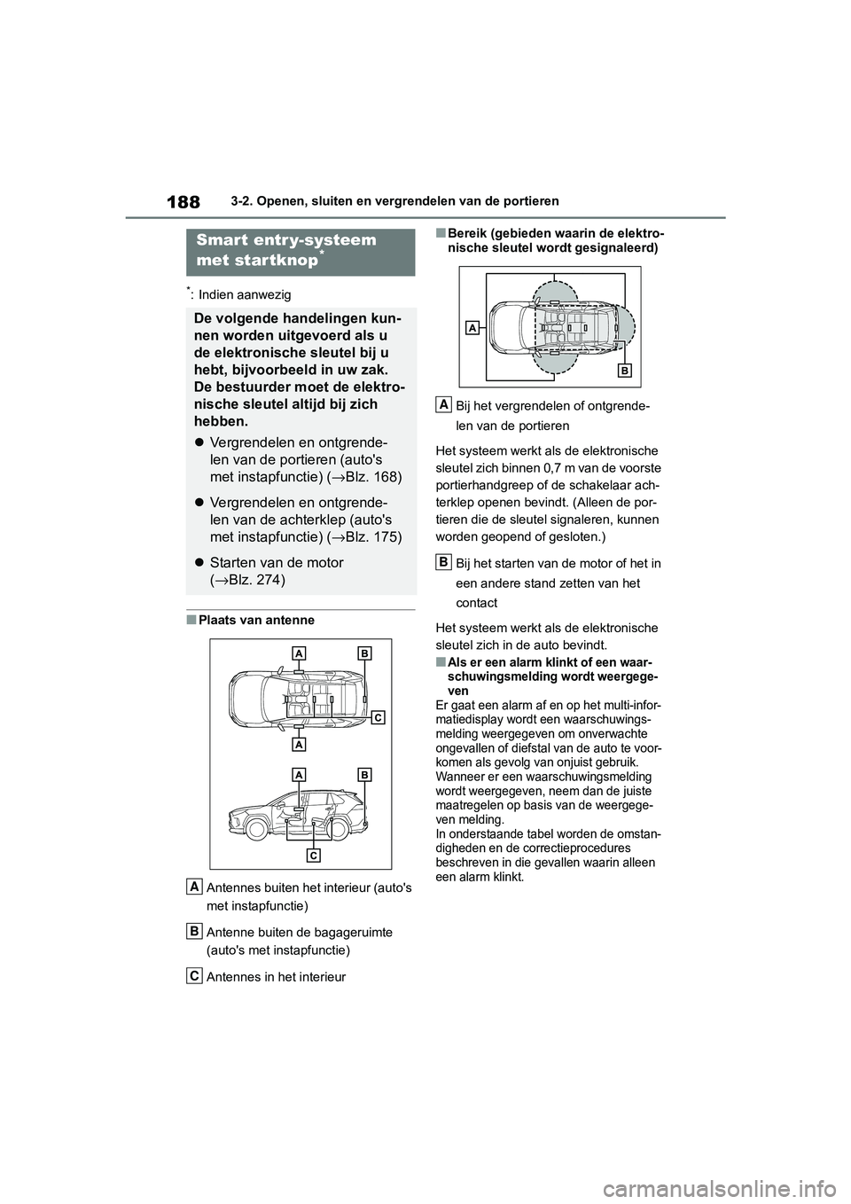 TOYOTA RAV4 2019  Instructieboekje (in Dutch) 1883-2. Openen, sluiten en vergrendelen van de portieren
*: Indien aanwezig
■Plaats van antenneAntennes buiten het i nterieur (auto's 
met instapfunctie)
Antenne buiten de bagageruimte 
(auto