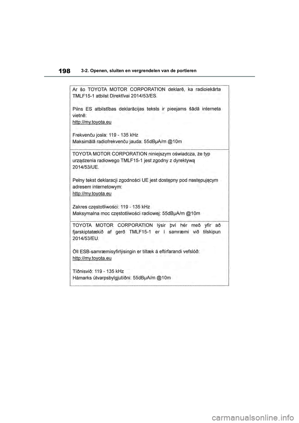 TOYOTA RAV4 2019  Instructieboekje (in Dutch) 1983-2. Openen, sluiten en vergrendelen van de portieren
pM_RAV4_OM_OM42D03E_(EE).book  Page 198  Wednesday, March 20, 2019  2:08 PM 