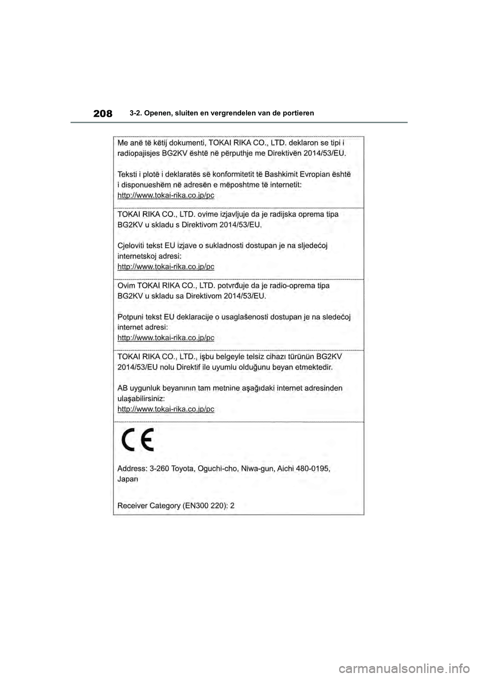 TOYOTA RAV4 2019  Instructieboekje (in Dutch) 2083-2. Openen, sluiten en vergrendelen van de portieren
pM_RAV4_OM_OM42D03E_(EE).book  Page 208  Wednesday, March 20, 2019  2:08 PM 