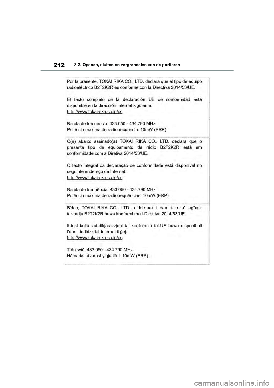 TOYOTA RAV4 2019  Instructieboekje (in Dutch) 2123-2. Openen, sluiten en vergrendelen van de portieren
pM_RAV4_OM_OM42D03E_(EE).book  Page 212  Wednesday, March 20, 2019  2:08 PM 