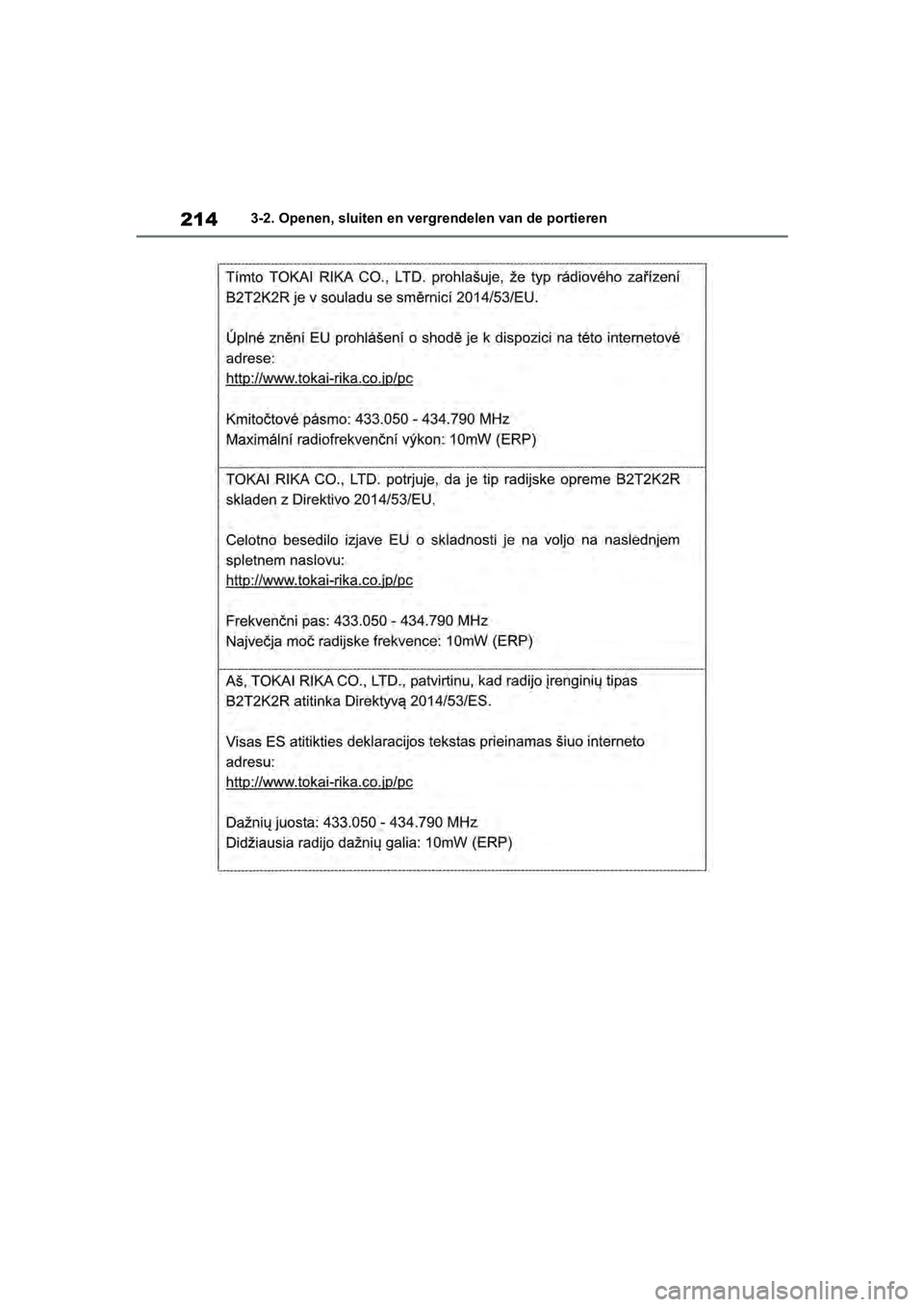 TOYOTA RAV4 2019  Instructieboekje (in Dutch) 2143-2. Openen, sluiten en vergrendelen van de portieren
pM_RAV4_OM_OM42D03E_(EE).book  Page 214  Wednesday, March 20, 2019  2:08 PM 