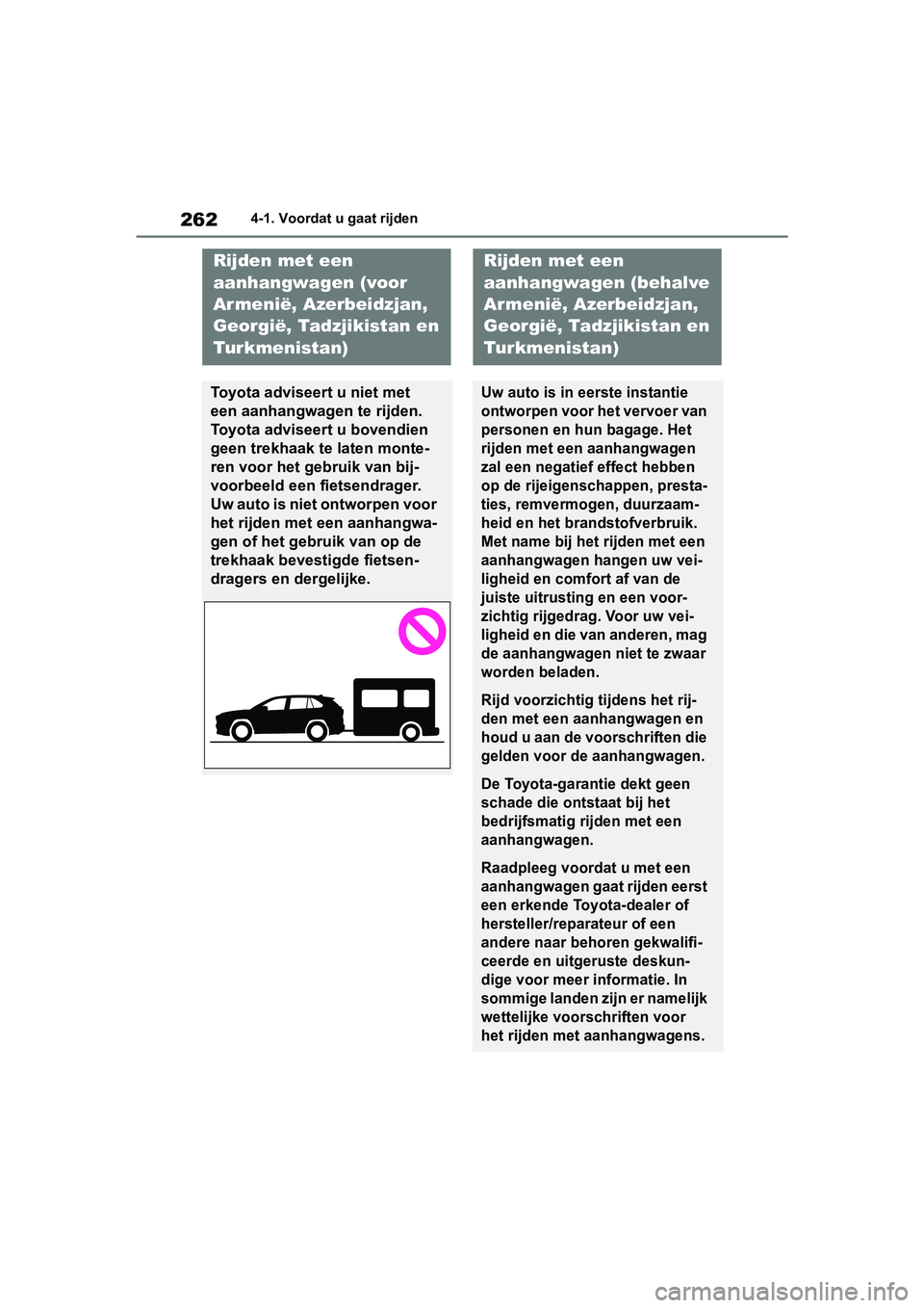 TOYOTA RAV4 2019 Instructieboekje (in Dutch) 2624-1. Voordat u gaat rijden
Rijden met een
aanhangwagen (voor
Armenië, Azerbeidzjan,
Georgië, Tadzjikistan en
Turkmenistan)
Toyota adviseert u niet met
een aanhangwagen te rijden.
Toyota adv TOYOTA RAV4 2019 Instructieboekje (in Dutch) 2624-1. Voordat u gaat rijden
Rijden met een
aanhangwagen (voor
Armenië, Azerbeidzjan,
Georgië, Tadzjikistan en
Turkmenistan)
Toyota adviseert u niet met
een aanhangwagen te rijden.
Toyota adv