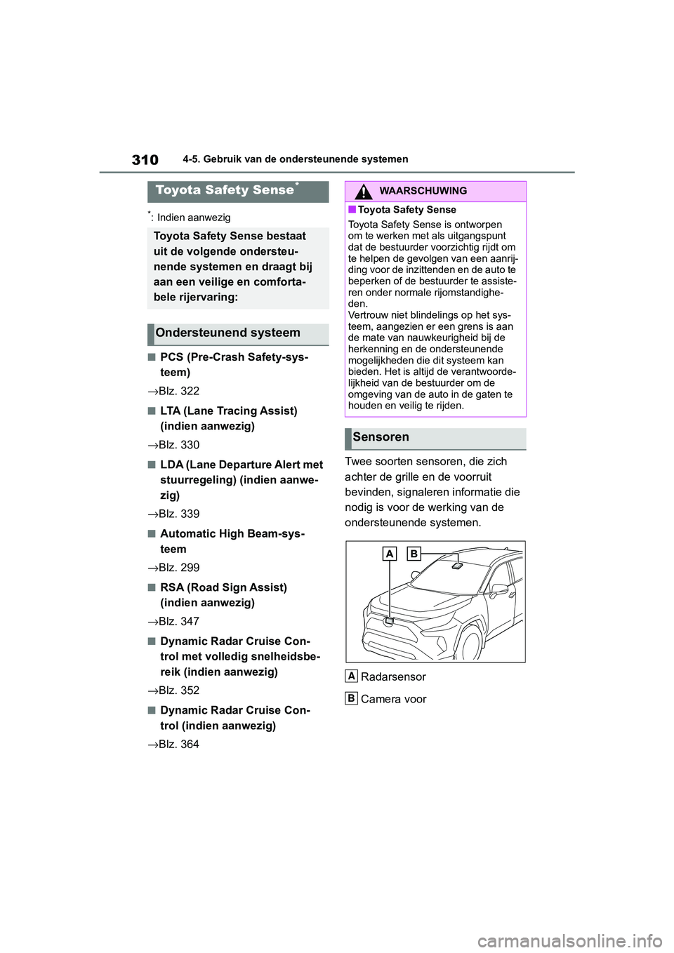 TOYOTA RAV4 2019  Instructieboekje (in Dutch) 3104-5. Gebruik van de ondersteunende systemen
4-5.Gebruik van de ondersteunende systemen
*: Indien aanwezig
■PCS (Pre-Crash Safety-sys-
teem)
→ Blz. 322
■LTA (Lane Tracing Assist) 
(indien aanw