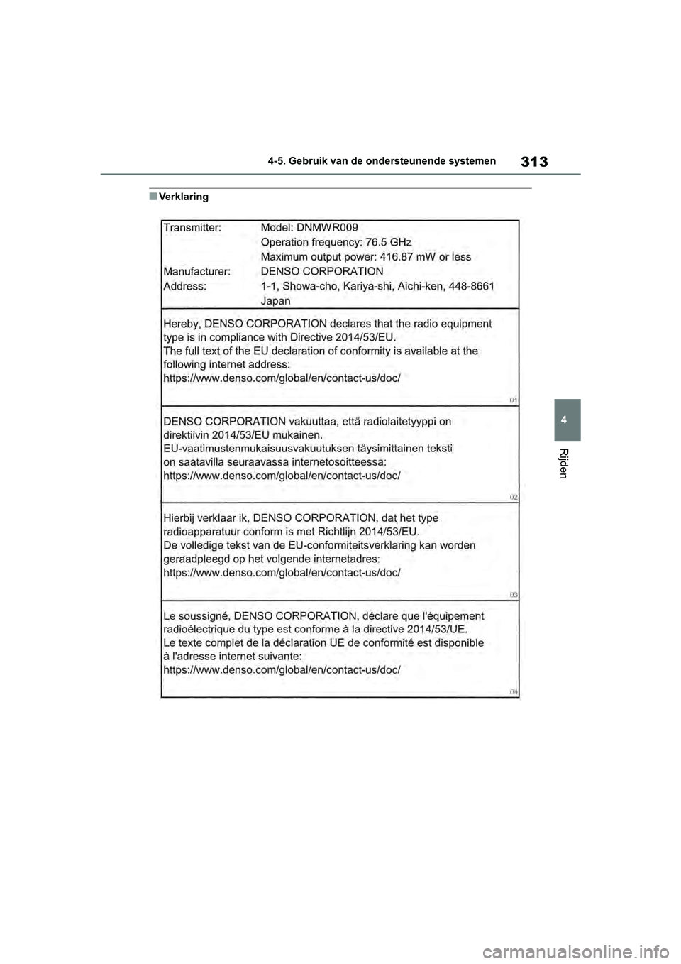 TOYOTA RAV4 2019  Instructieboekje (in Dutch) 313
4
4-5. Gebruik van de ondersteunende systemen
Rijden
■Verklaring
pM_RAV4_OM_OM42D03E_(EE).book  P
age 313  Wednesday, March 20, 2019  2:08 PM 