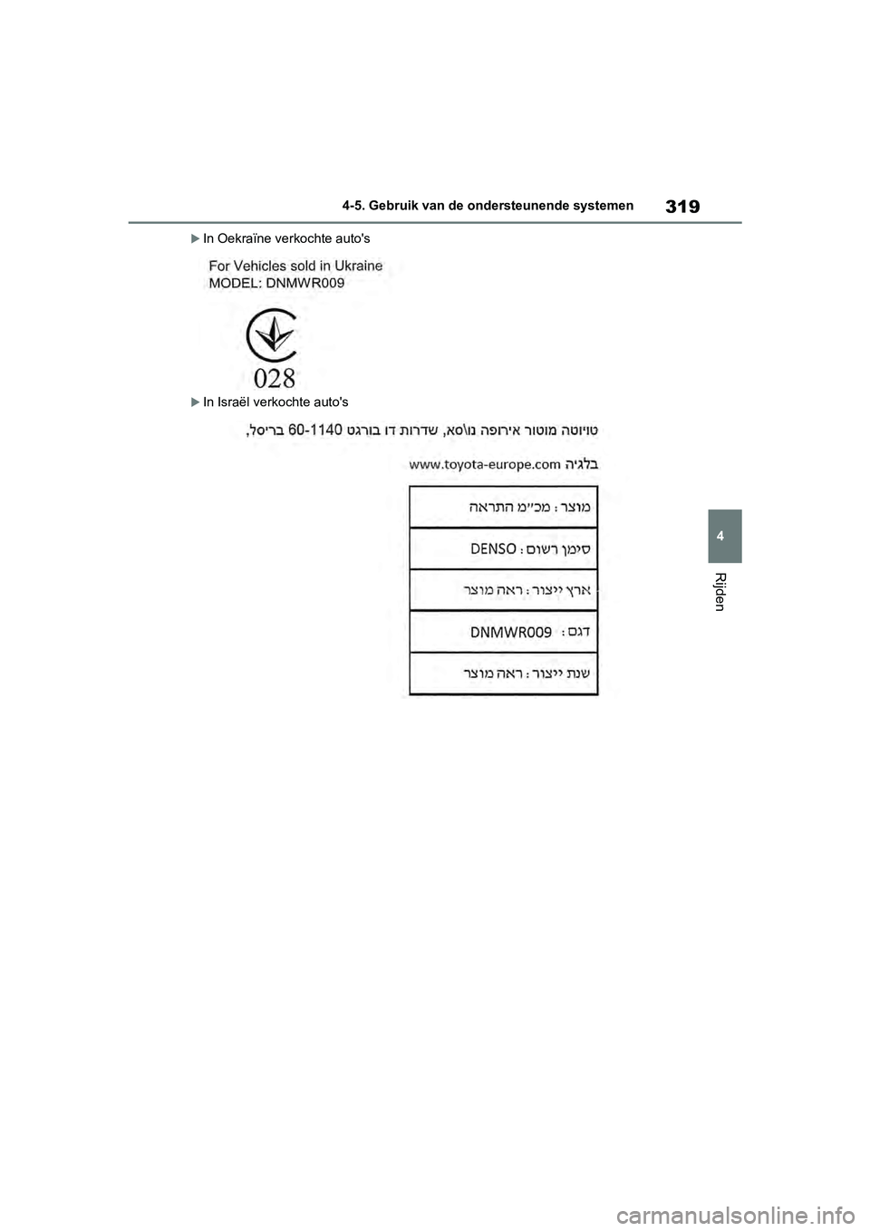 TOYOTA RAV4 2019  Instructieboekje (in Dutch) 319
4
4-5. Gebruik van de ondersteunende systemen
Rijden
In Oekraïne verkochte auto's
In Israël verkochte auto's
pM_RAV4_OM_OM42D03E_(EE).book  P
age 319  Wednesday, March 20, 2019  2: