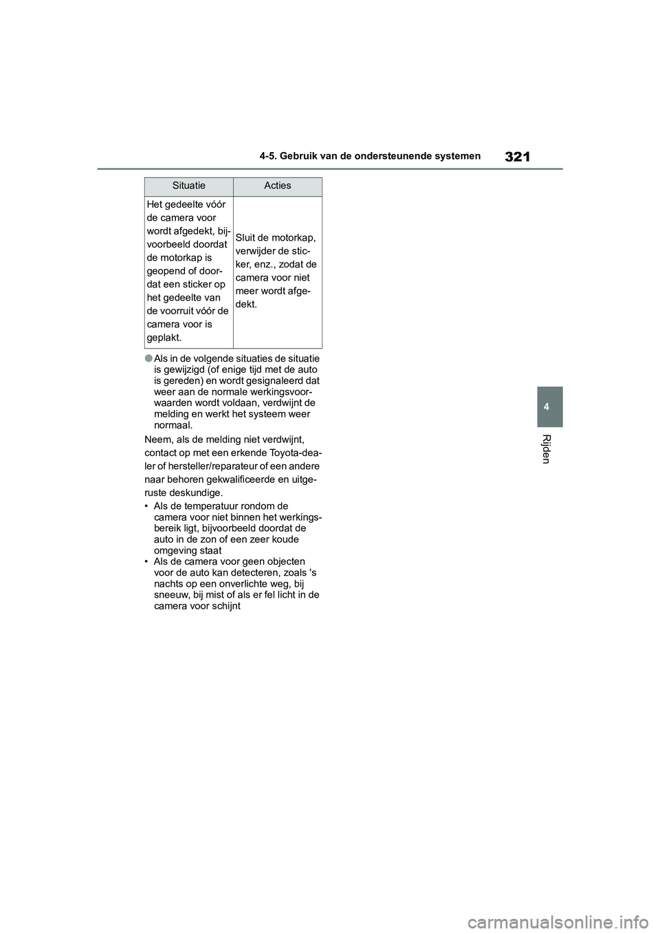 TOYOTA RAV4 2019 Instructieboekje (in Dutch) 321
4
4-5. Gebruik van de ondersteunende systemen
Rijden
●Als in de volgende situaties de situatie
is gewijzigd (of eni
ge tijd met de auto
is gereden) en wordt gesignaleerd dat
weer aan de norma TOYOTA RAV4 2019 Instructieboekje (in Dutch) 321
4
4-5. Gebruik van de ondersteunende systemen
Rijden
●Als in de volgende situaties de situatie
is gewijzigd (of eni
ge tijd met de auto
is gereden) en wordt gesignaleerd dat
weer aan de norma