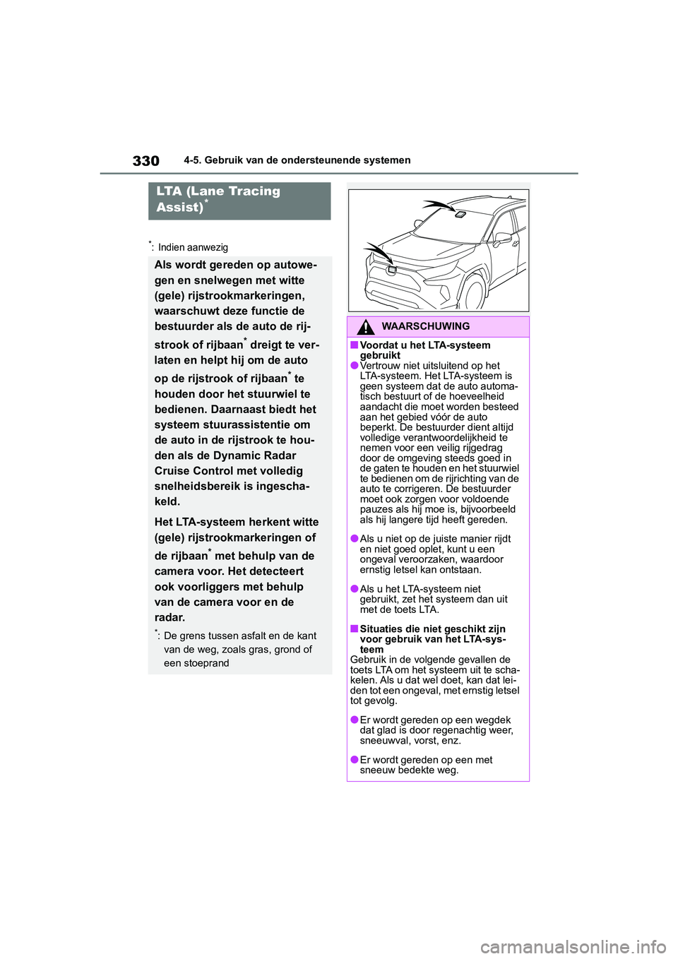 TOYOTA RAV4 2019 Instructieboekje (in Dutch) 3304-5. Gebruik van de ondersteunende systemen
*: Indien aanwezig
LTA (Lane Tracing
Assist)*
Als wordt gereden op autowe-
gen en snelwegen met witte
(gele) rijstrookmarkeringen,
waarschuwt deze fun TOYOTA RAV4 2019 Instructieboekje (in Dutch) 3304-5. Gebruik van de ondersteunende systemen
*: Indien aanwezig
LTA (Lane Tracing
Assist)*
Als wordt gereden op autowe-
gen en snelwegen met witte
(gele) rijstrookmarkeringen,
waarschuwt deze fun